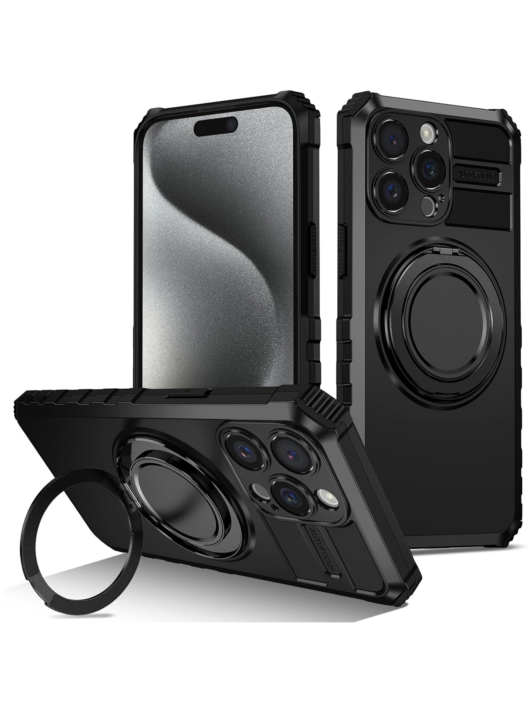iPhone 14 Pro Case | MagSafe Compatible | Magnetic Ring Holder | Soft TPU + Hard PC | Black