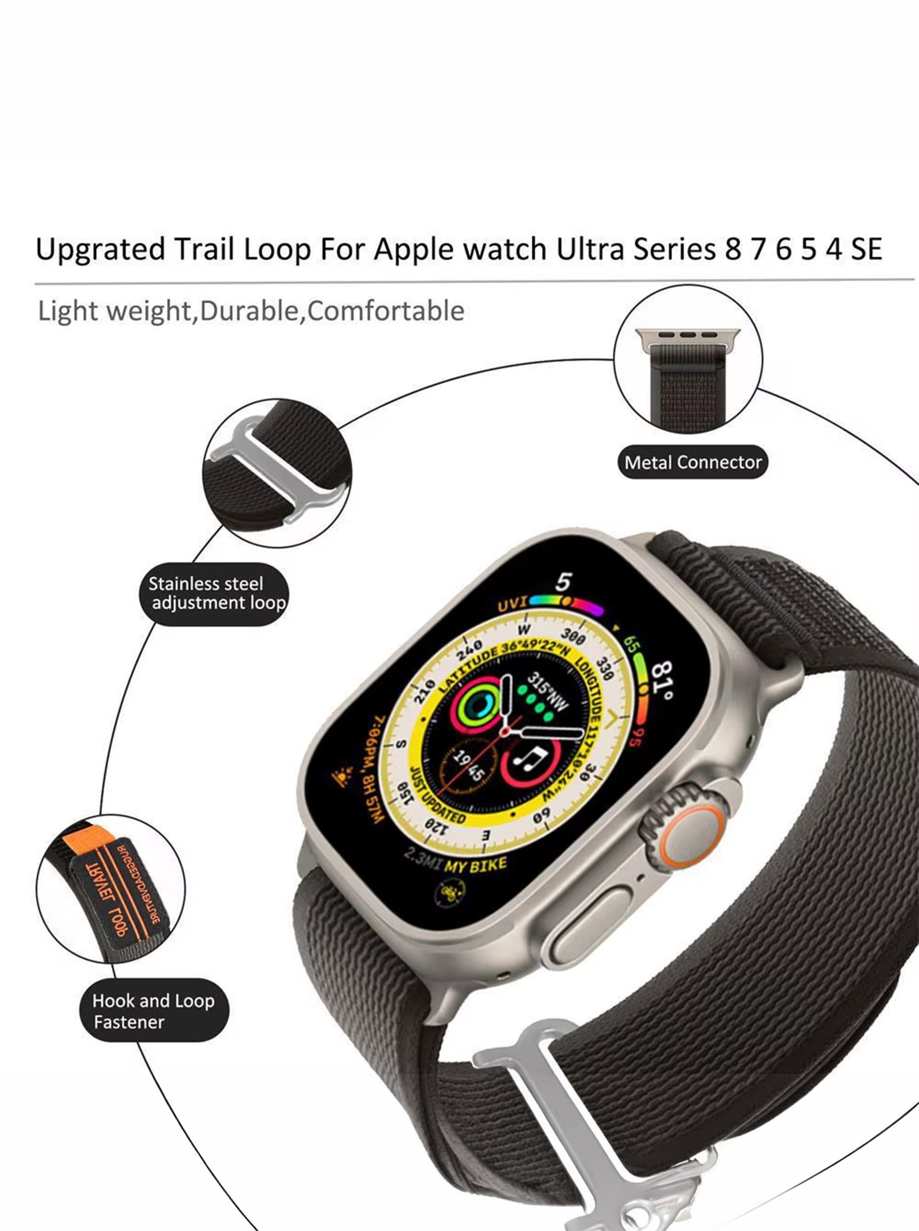 Nylon Braided Watch Band For Apple Watch | 49mm / 46mm / 45mm / 44mm / 42mm | Black Color
