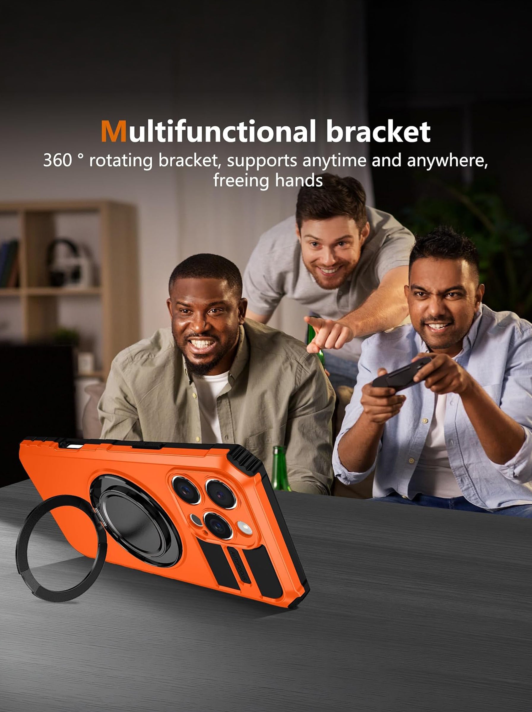 iPhone 16 Pro Max Case | MagSafe Compatible | Magnetic Ring Holder | Soft TPU + Hard PC | Orange