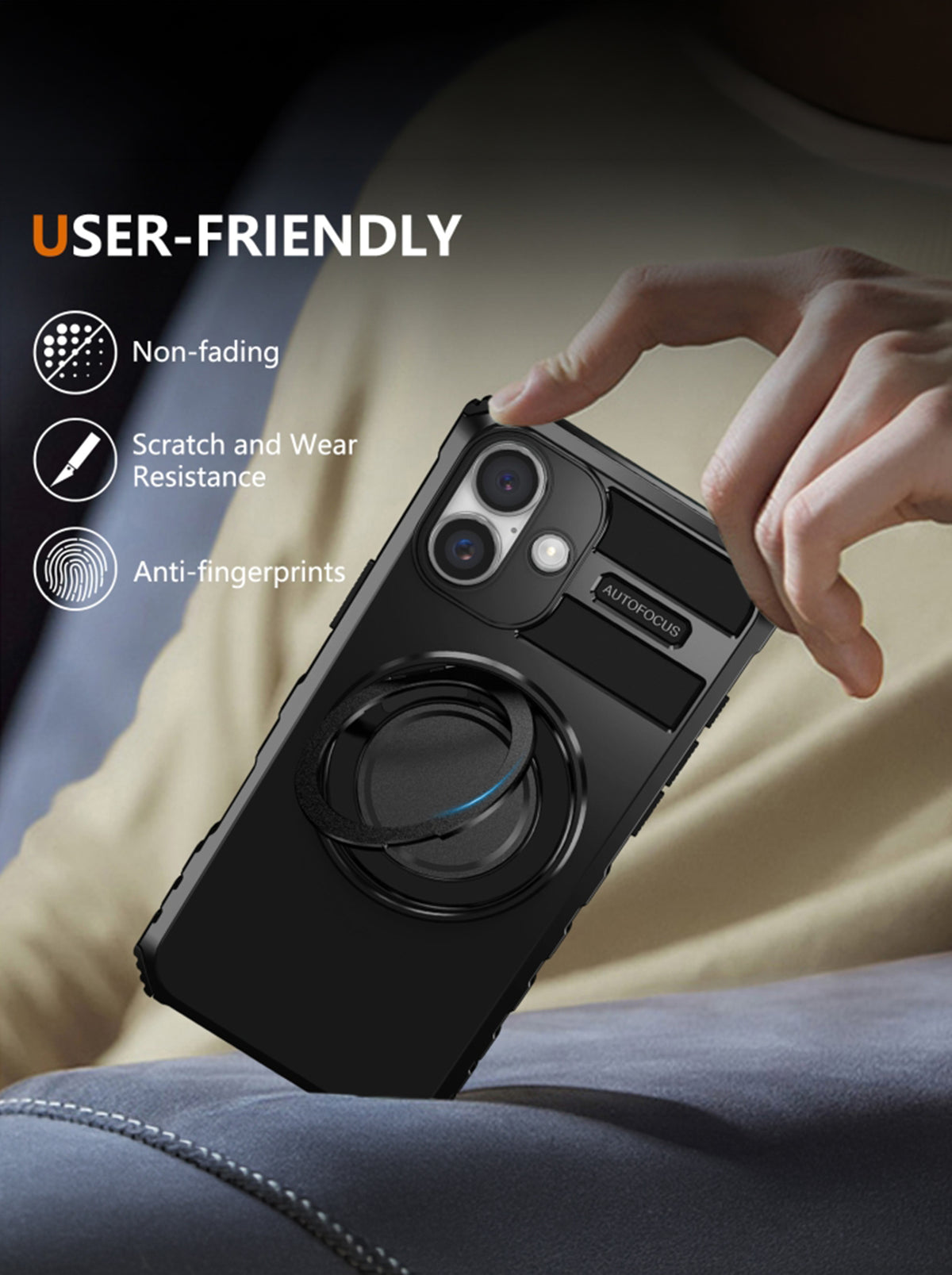 iPhone 16 Case | MagSafe Compatible | Magnetic Ring Holder | Soft TPU + Hard PC | Black