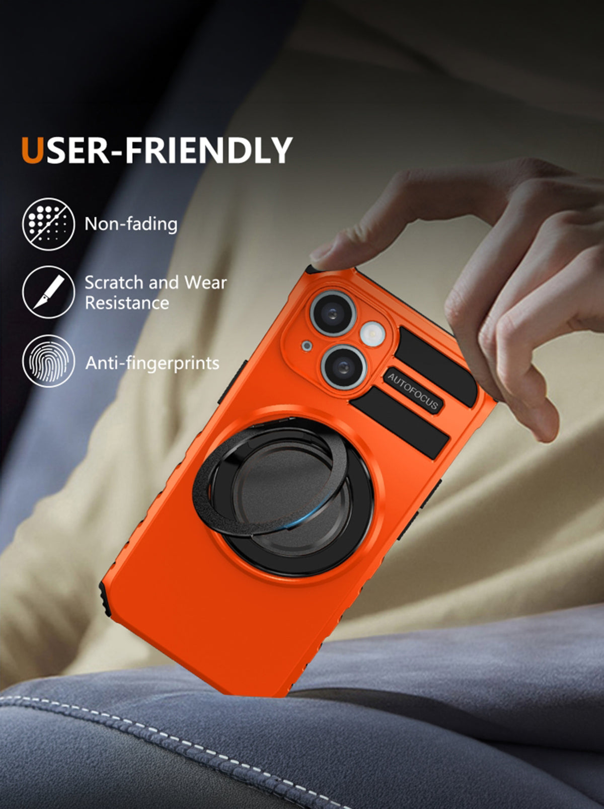 iPhone 14 Case | MagSafe Compatible | Magnetic Ring Holder | Soft TPU + Hard PC | Orange