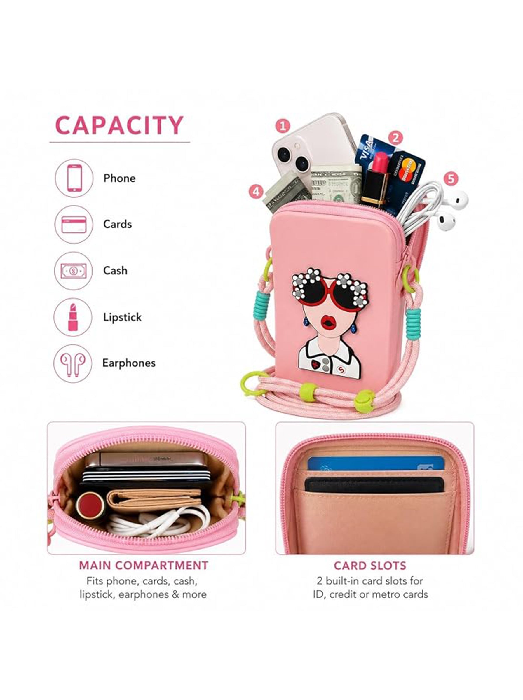 Silicone Mobile Phone Sling Bag for Women & Girls | Cute Cartoon Crossbody Pouch | Adjustable Strap | Mini Travel Bag | Pink
