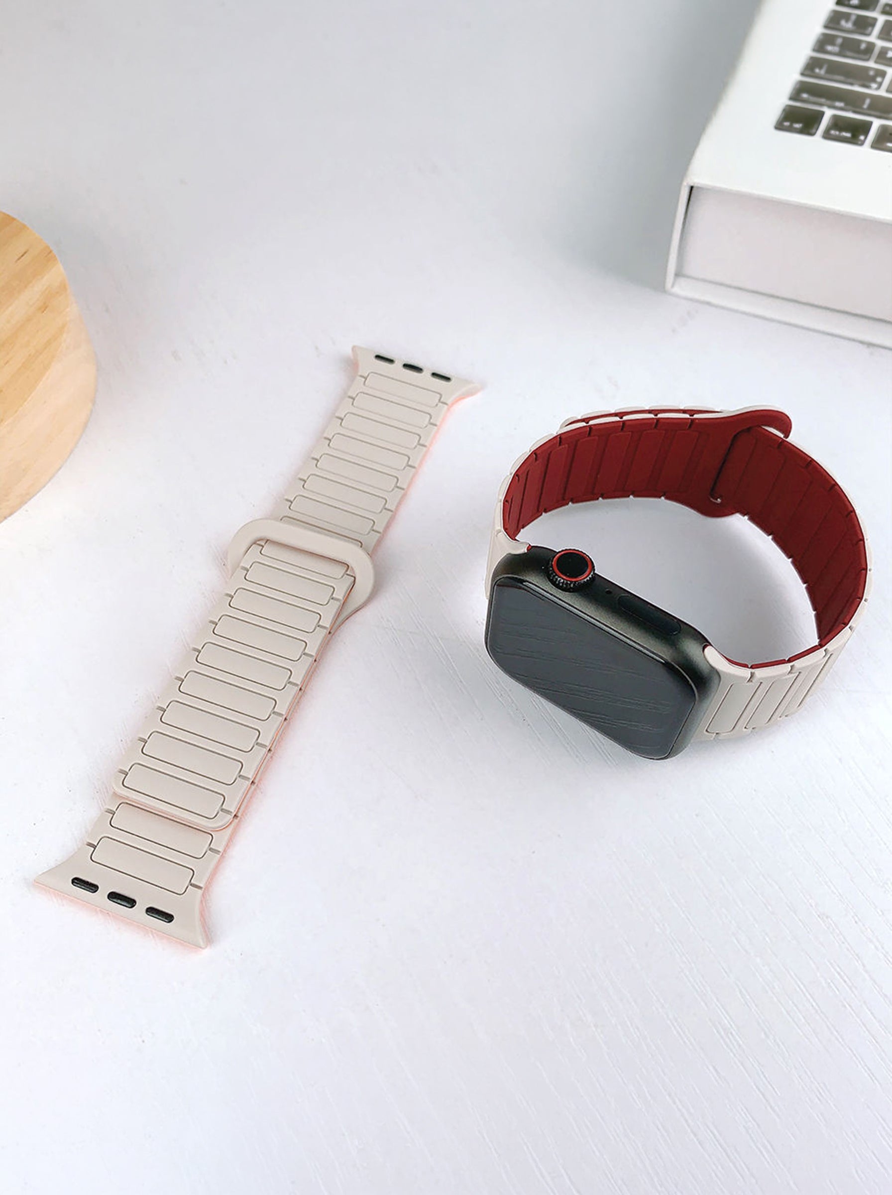 Magnetic Silicone Sport Strap For Apple Watch | 49mm / 46mm / 45mm / 44mm / 42mm | White+Wine