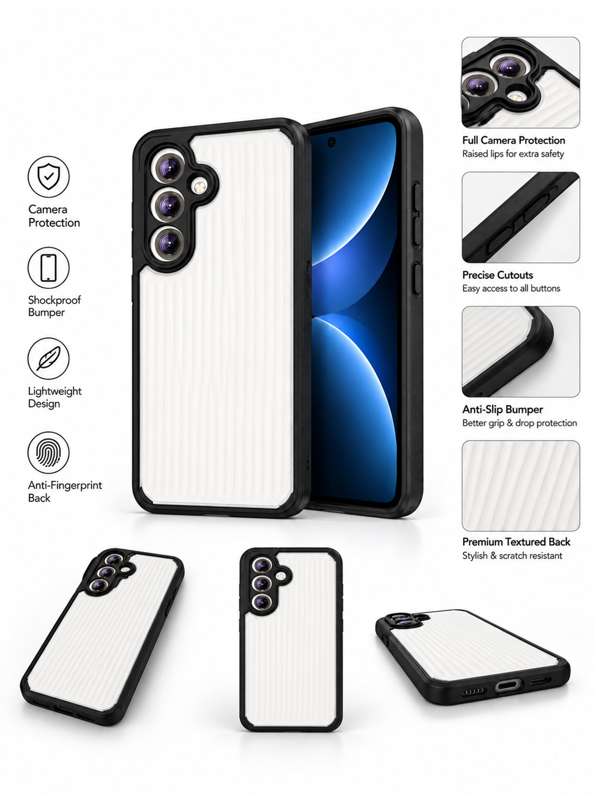 Samsung S23 | Fluted Texture Matte Case with Side Protection Grip | Black
