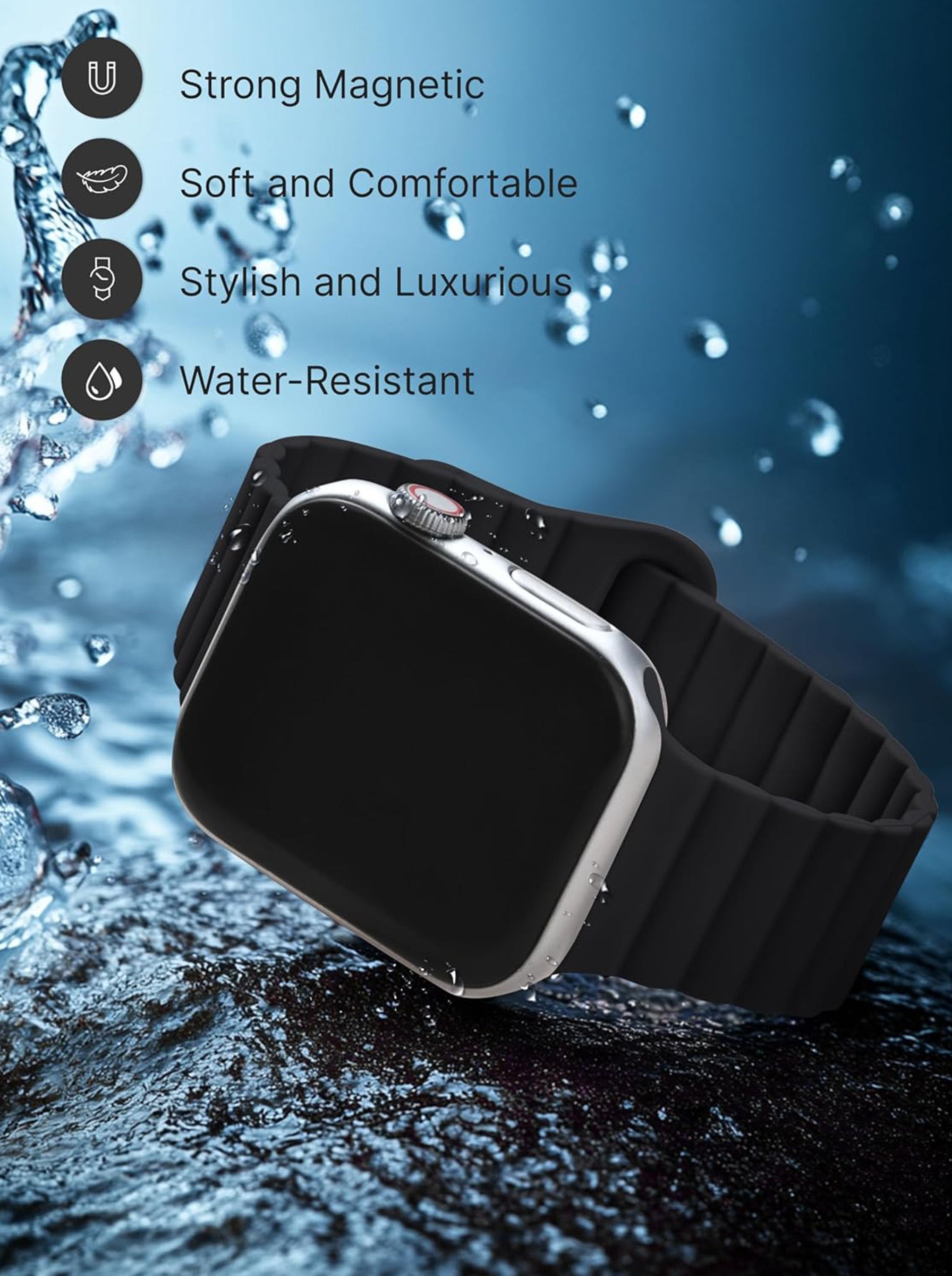Magnetic Silicone Strap for Apple Watch 42mm | 44mm | 45mm | 46mm | 49mm | Black Color