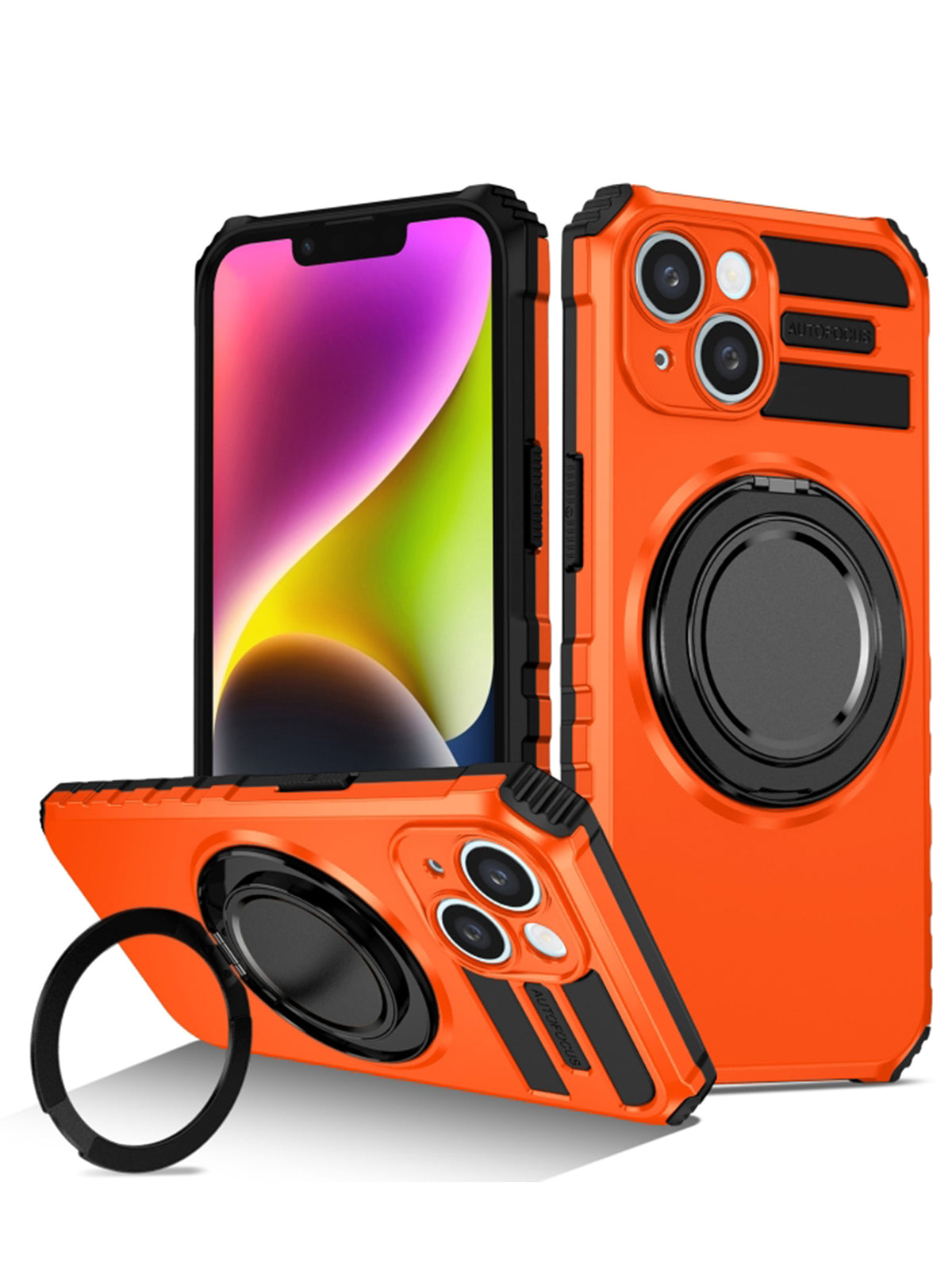iPhone 14 Case | MagSafe Compatible | Magnetic Ring Holder | Soft TPU + Hard PC | Orange