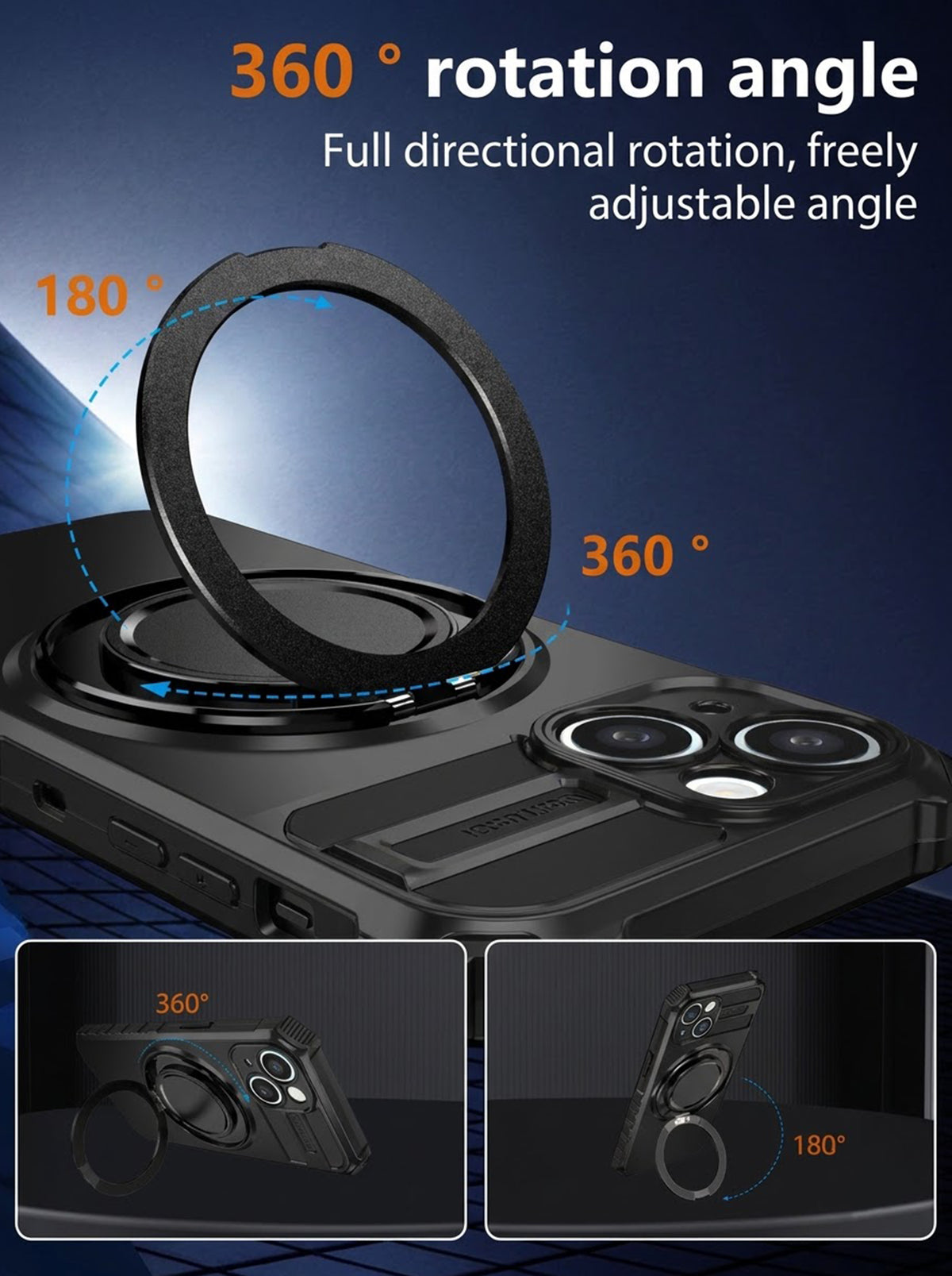 iPhone 14 Case | MagSafe Compatible | Magnetic Ring Holder | Soft TPU + Hard PC | Black