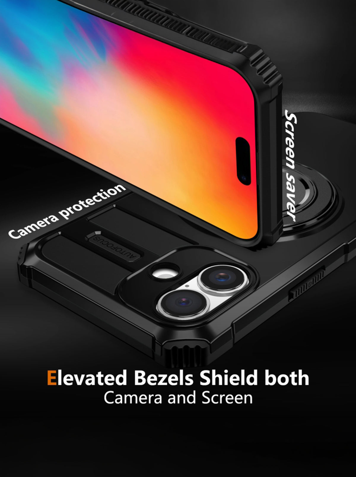 iPhone 16 Case | MagSafe Compatible | Magnetic Ring Holder | Soft TPU + Hard PC | Black