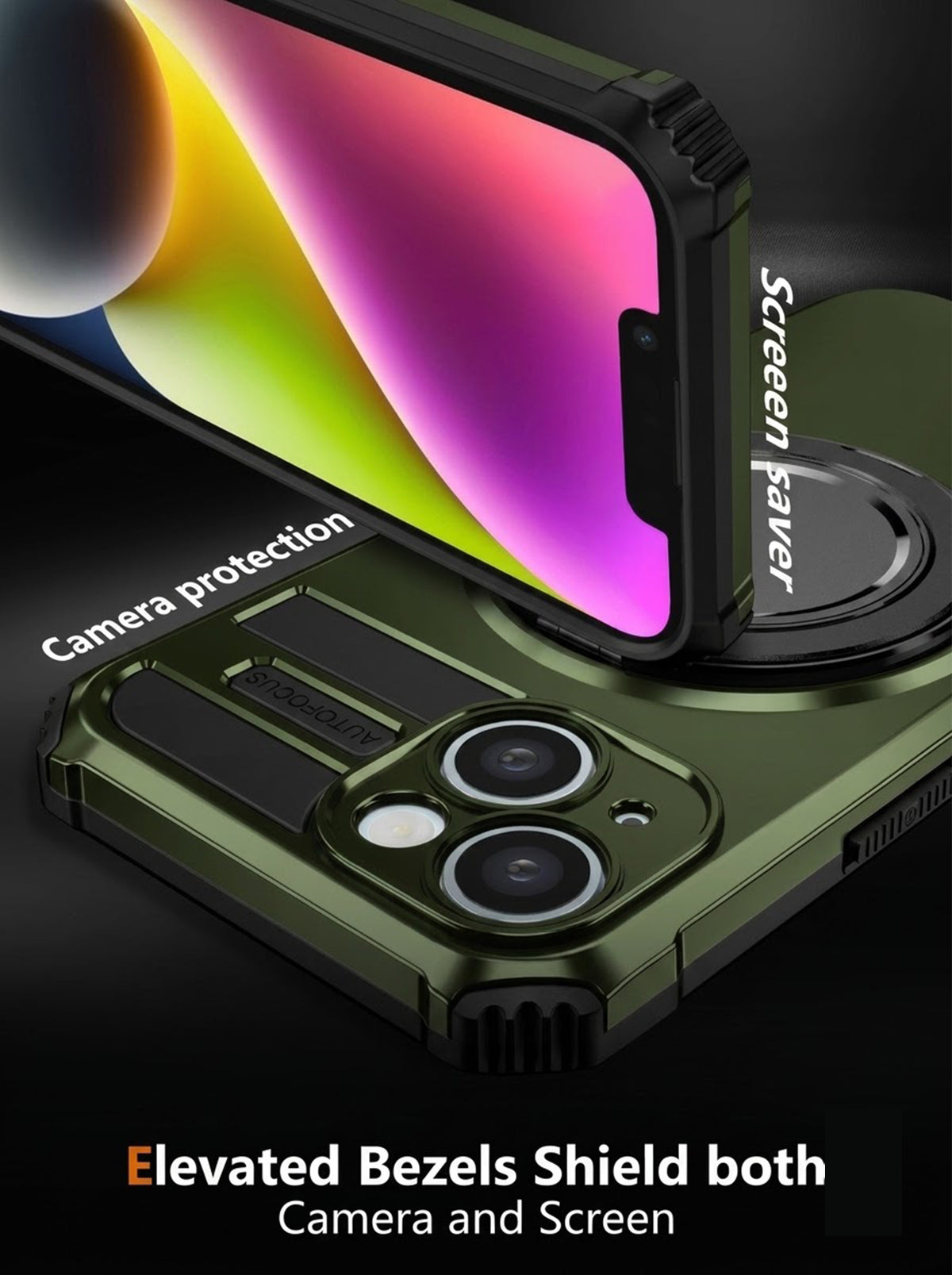 iPhone 14 Case | MagSafe Compatible | Magnetic Ring Holder | Soft TPU + Hard PC | Green