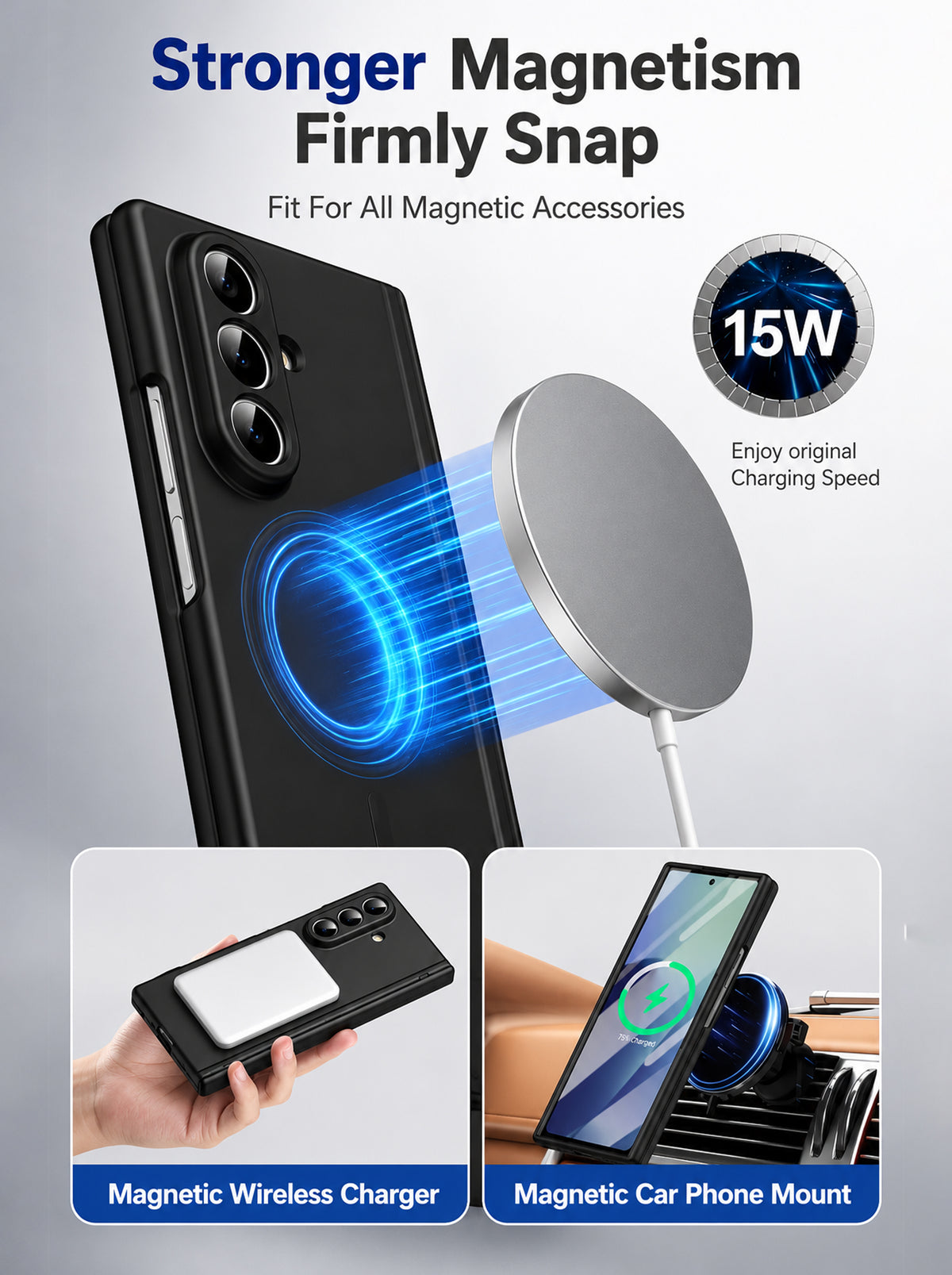 Samsung Z Fold 7 Case with Tempered Glass | Hinge | Magnetic Support | Slim Back | Black