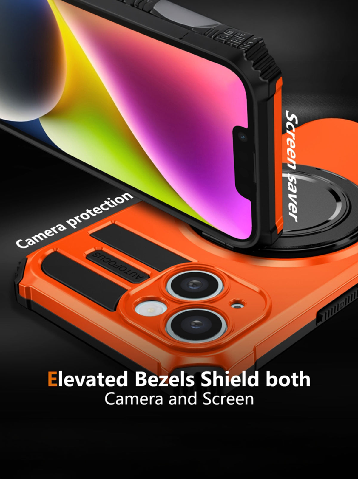 iPhone 14 Case | MagSafe Compatible | Magnetic Ring Holder | Soft TPU + Hard PC | Orange