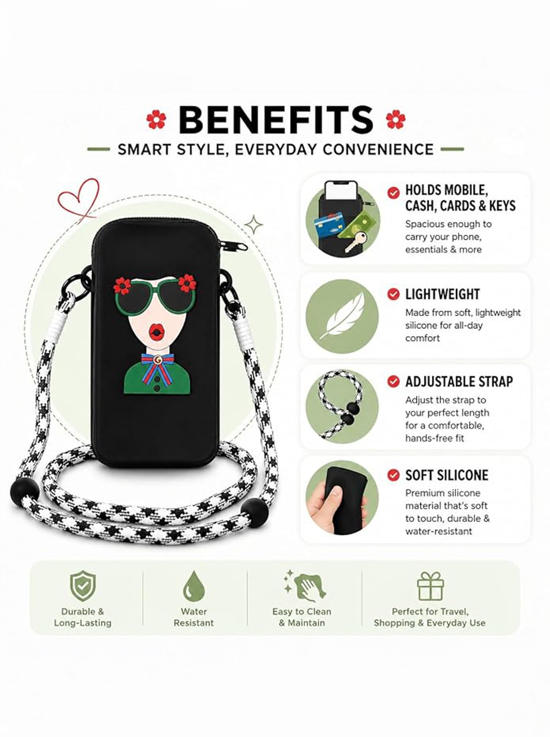 Silicone Mobile Phone Sling Bag for Women & Girls | Cute Cartoon Crossbody Pouch | Adjustable Strap | Mini Travel Bag | Black