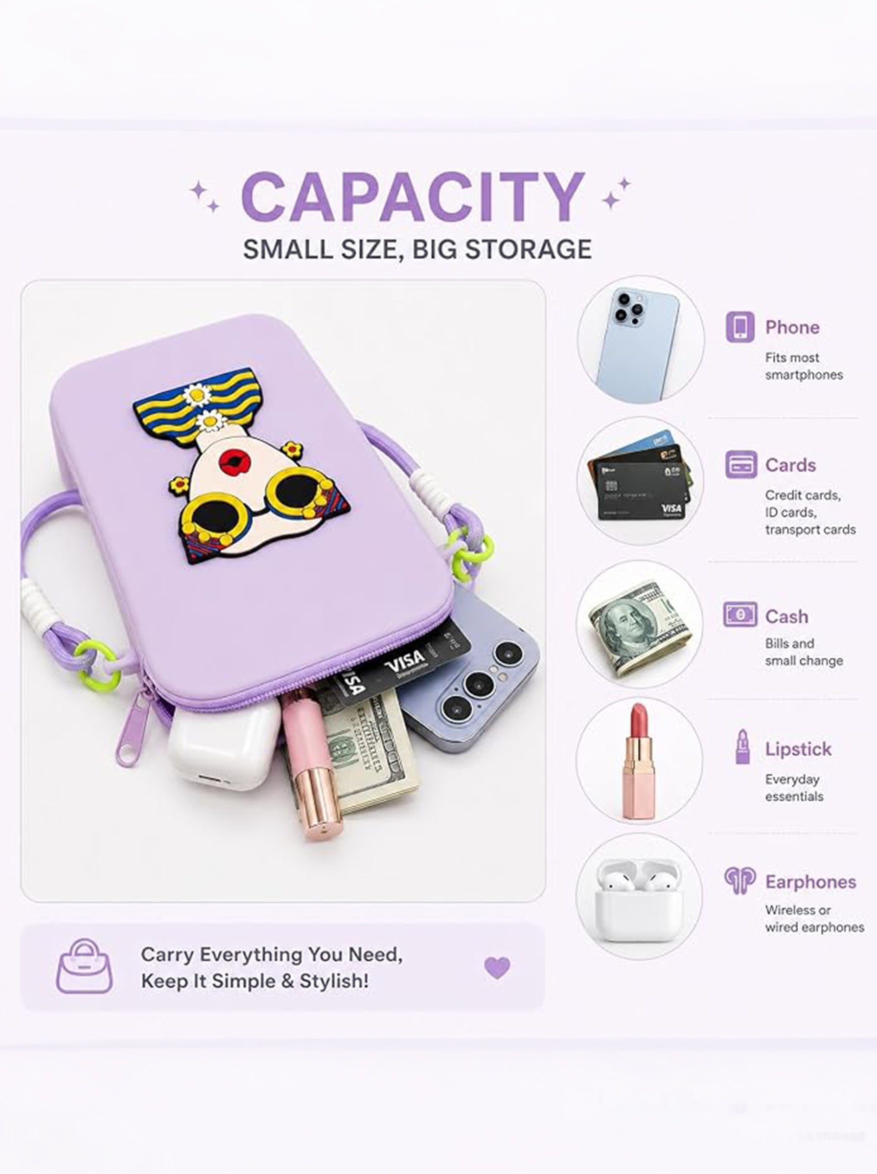 Silicone Mobile Phone Sling Bag for Women & Girls | Cute Cartoon Crossbody Pouch | Adjustable Strap | Mini Travel Bag | Purple