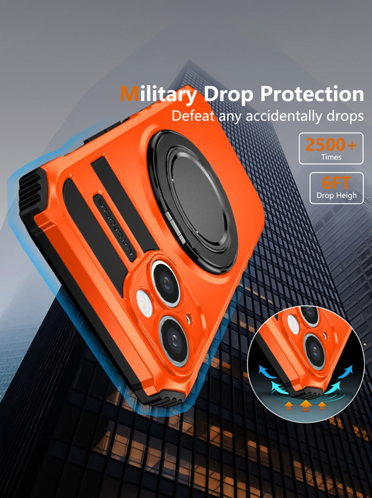 iPhone 14 Case | MagSafe Compatible | Magnetic Ring Holder | Soft TPU + Hard PC | Orange