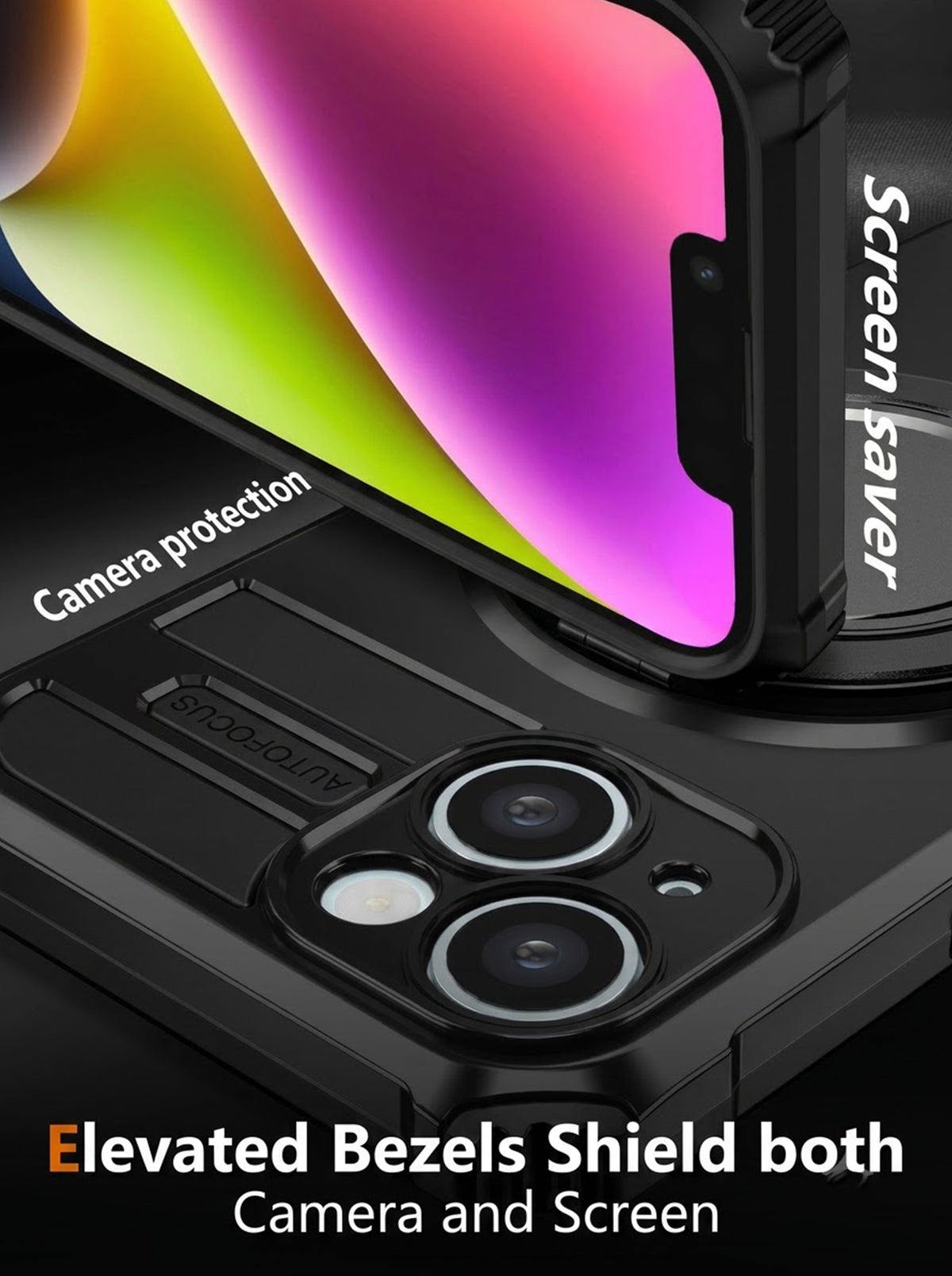 iPhone 14 Case | MagSafe Compatible | Magnetic Ring Holder | Soft TPU + Hard PC | Black