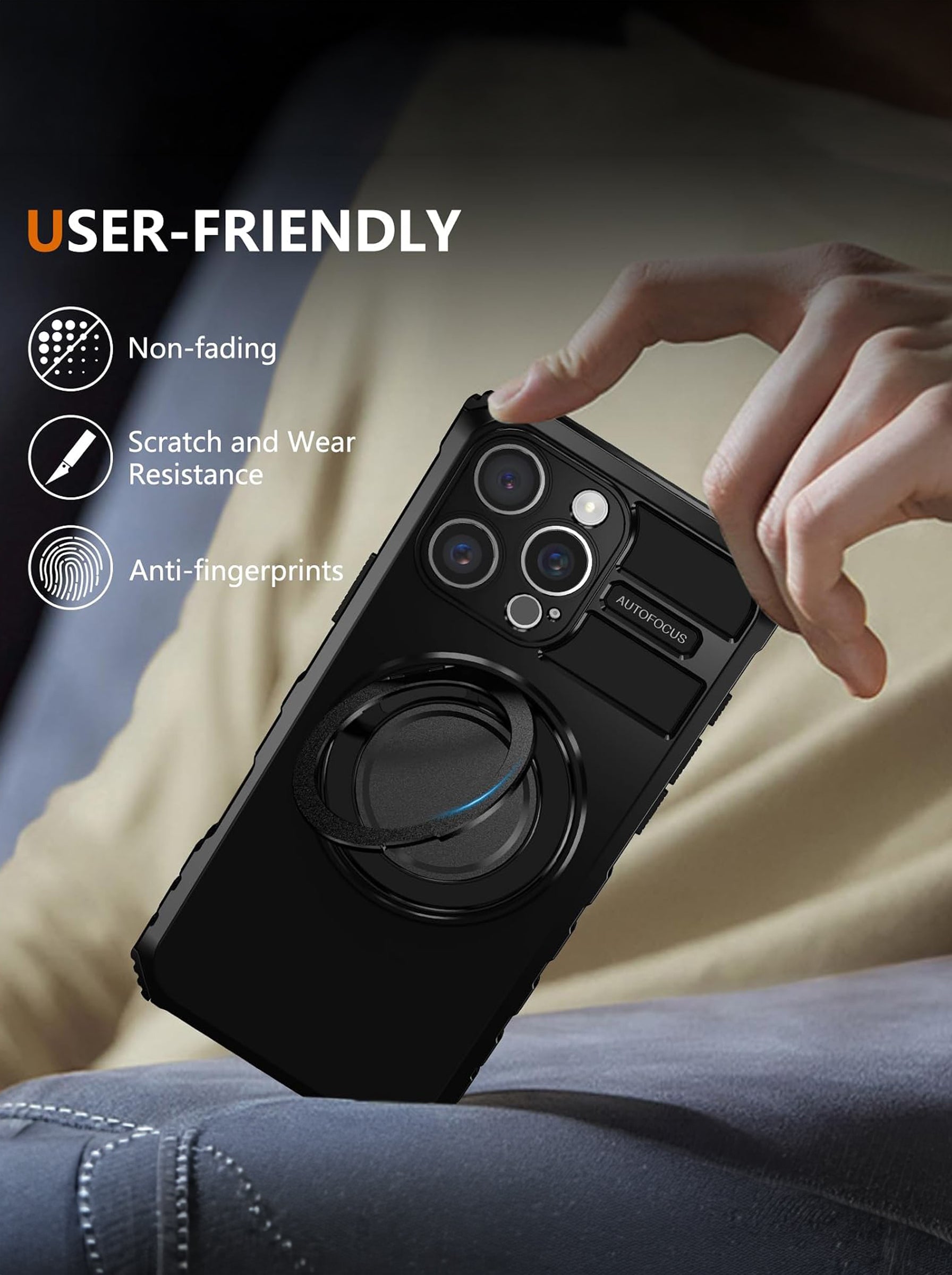 iPhone 16 Pro Max Case | MagSafe Compatible | Magnetic Ring Holder | Soft TPU + Hard PC | Black