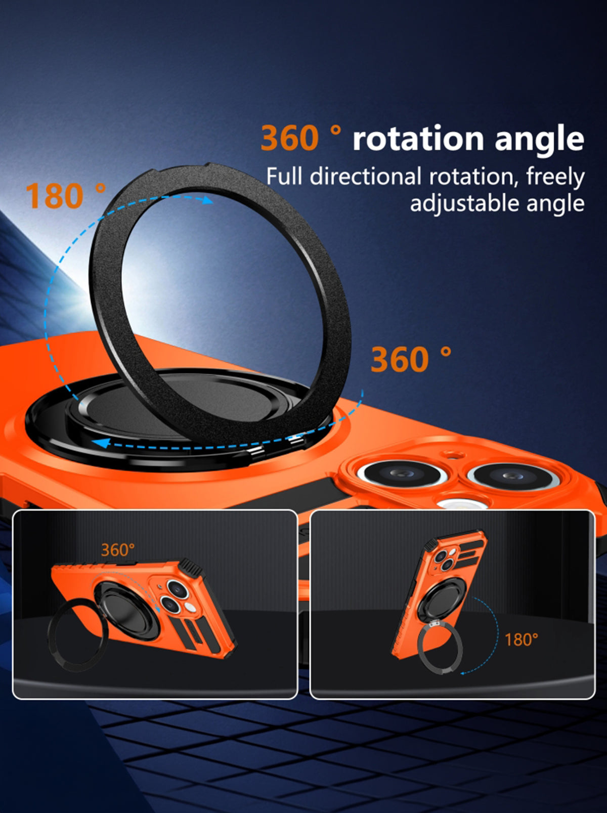 iPhone 14 Case | MagSafe Compatible | Magnetic Ring Holder | Soft TPU + Hard PC | Orange