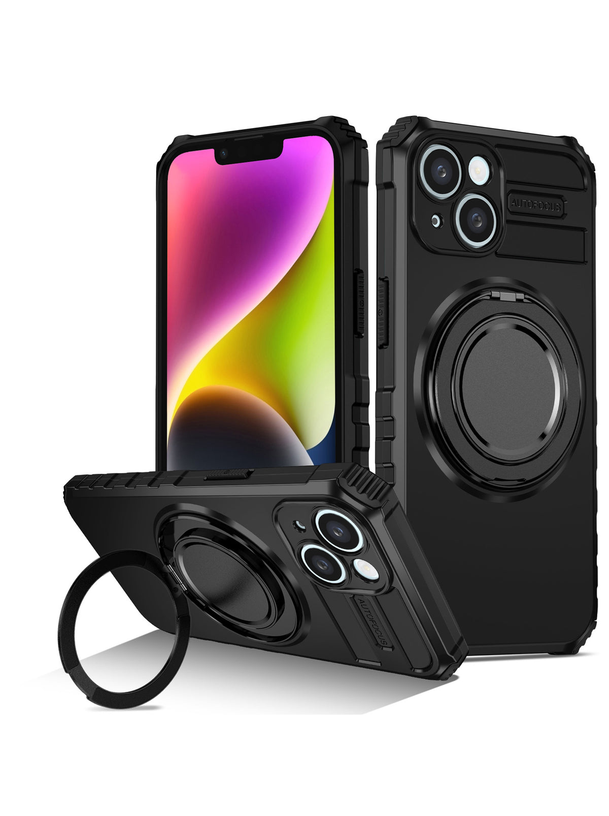 iPhone 14 Case | MagSafe Compatible | Magnetic Ring Holder | Soft TPU + Hard PC | Black