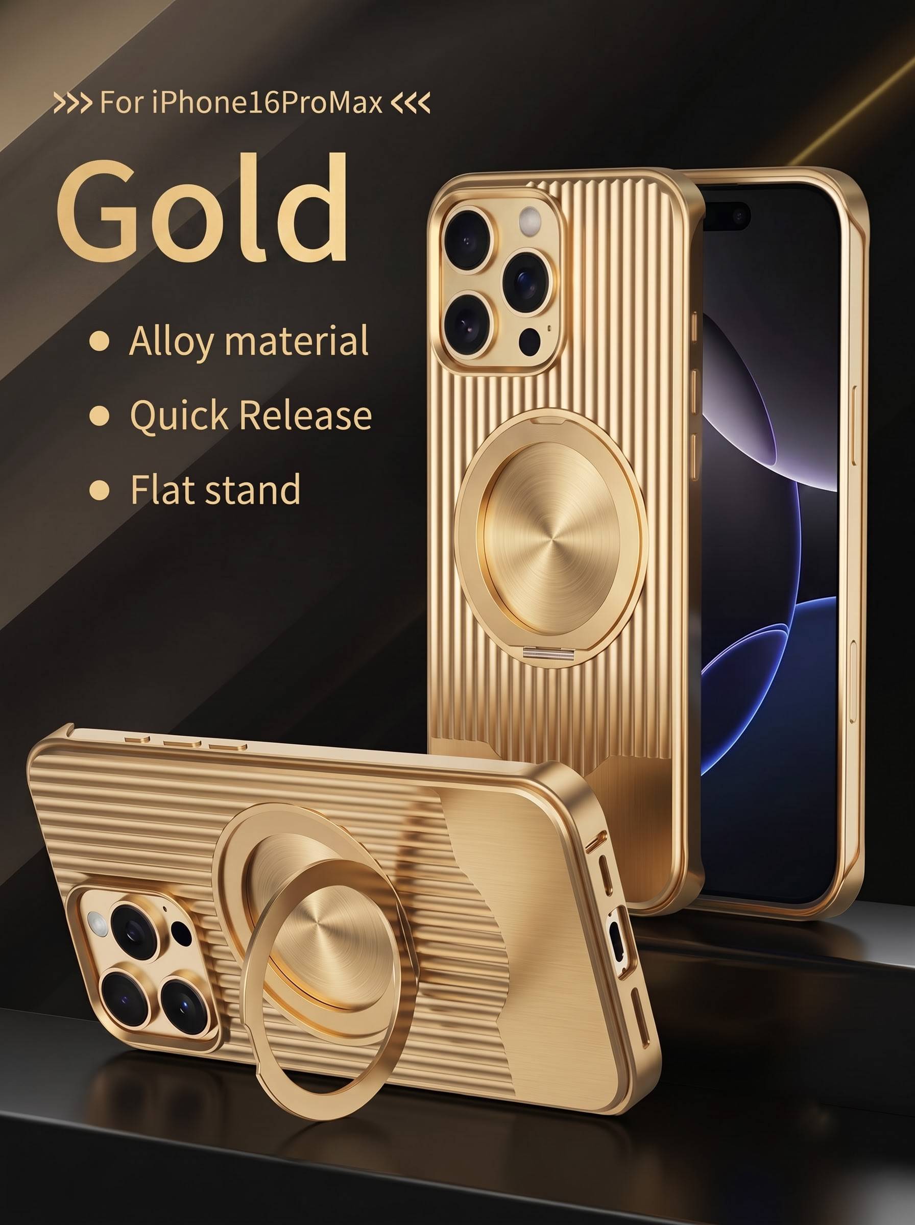 iPhone 16 Pro Max | Fully metal frameless with 360stand case | Gold (Copy)