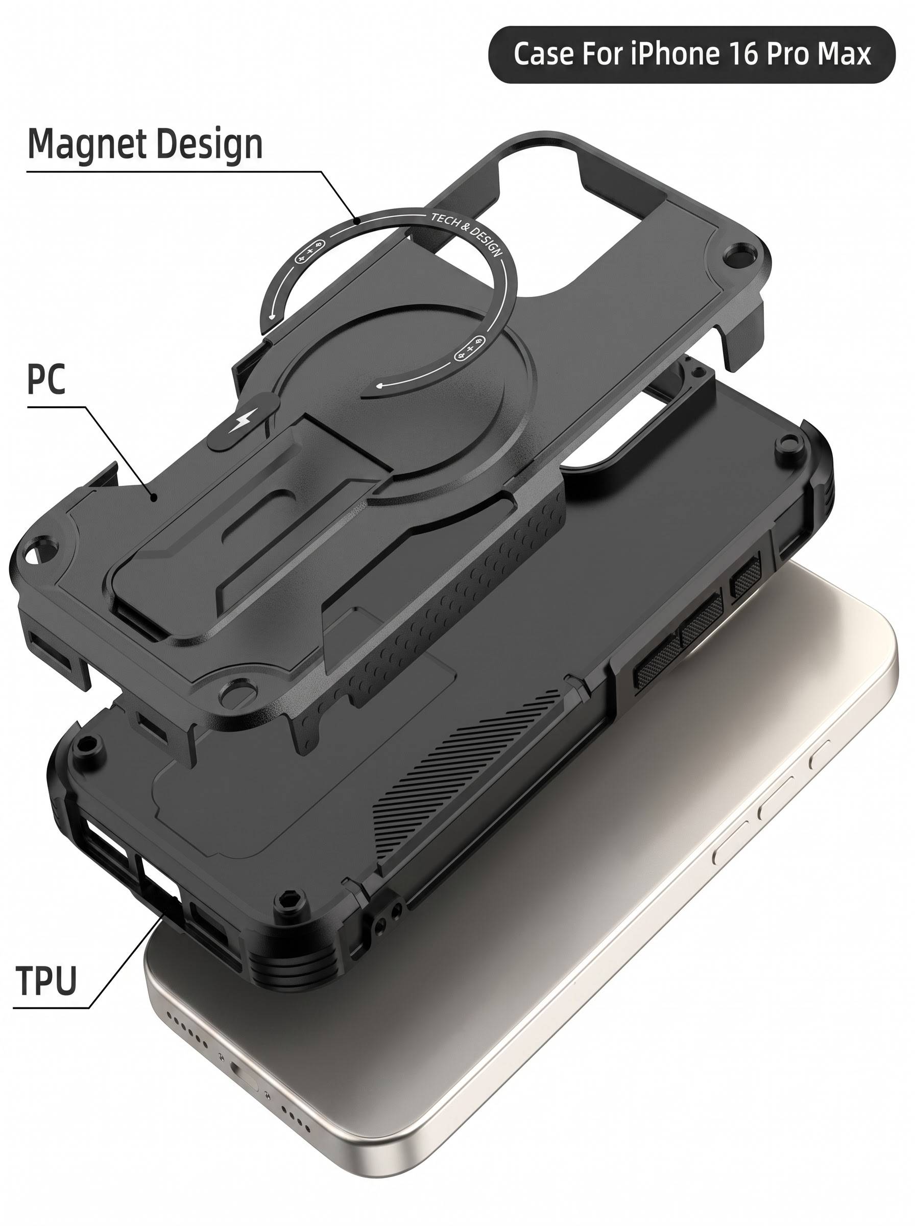 IPHONE 16 PRO MAX | DROP+ | Portable Kickstand | MagSafe Compatible Magnetic Case | Shockproof Military Grade Protection | BLACK COLOR