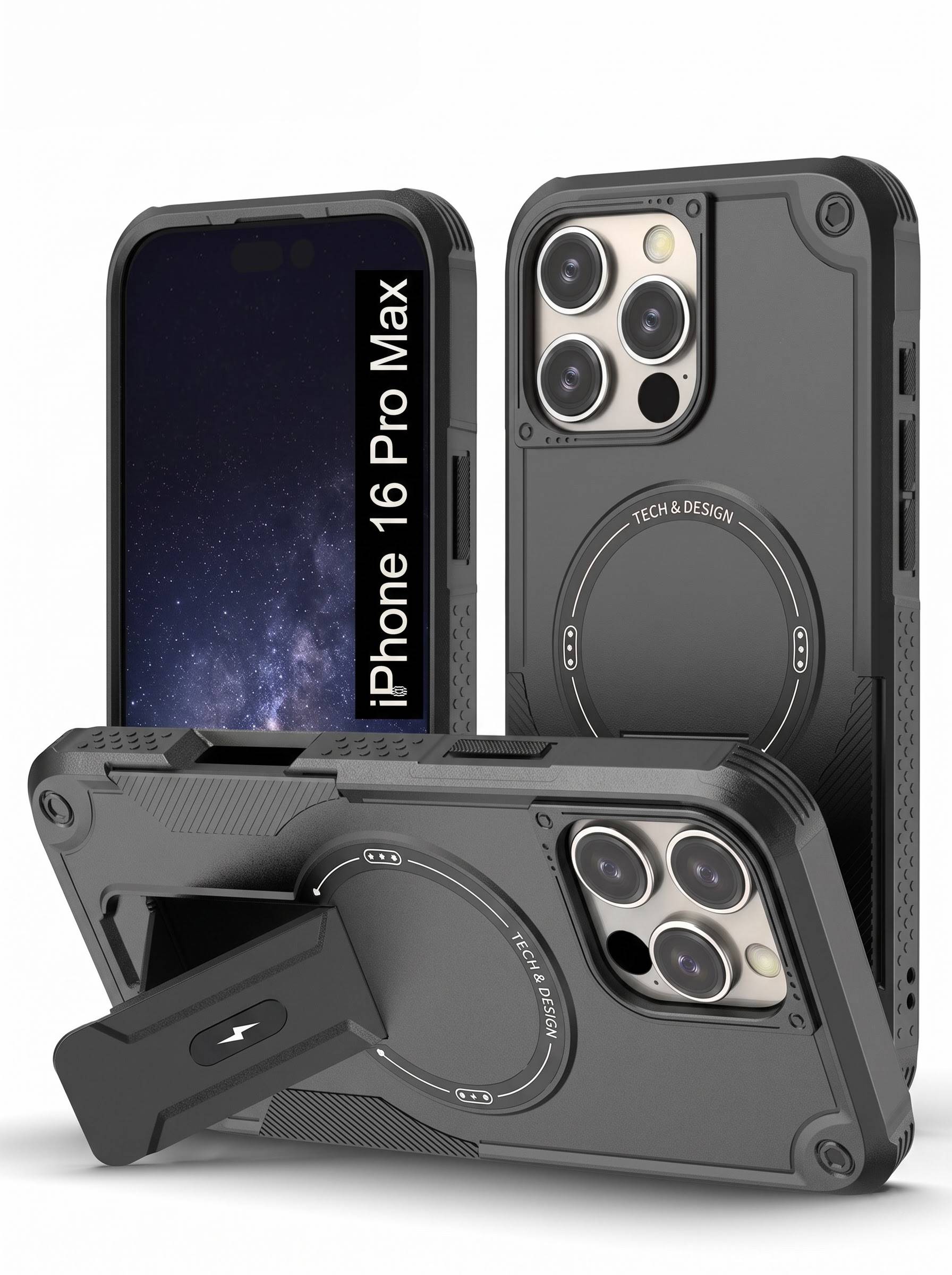 IPHONE 16 PRO MAX | DROP+ | Portable Kickstand | MagSafe Compatible Magnetic Case | Shockproof Military Grade Protection | BLACK COLOR