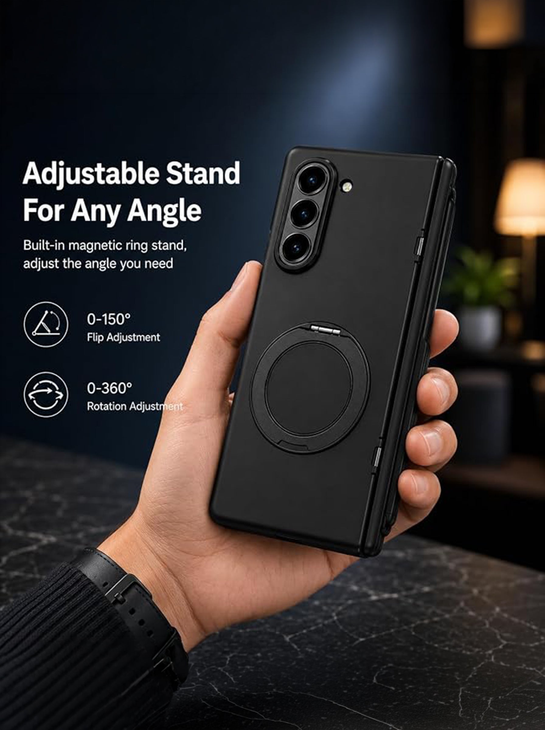 Samsung Z Fold 7 | 360° Rotating Ring Stand | Built-in Screen Protector | Hinge Protection | Included Stylus Pen (Matte Black)