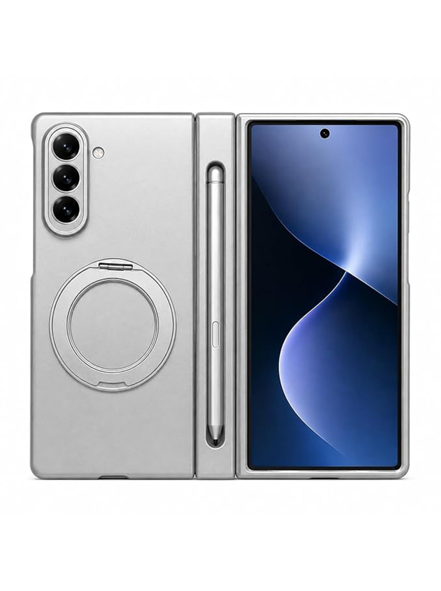 Samsung Z Fold 7 | 360° Rotating Ring Stand | Built-in Screen Protector | Hinge Protection | Included Stylus Pen (Matte Gray)