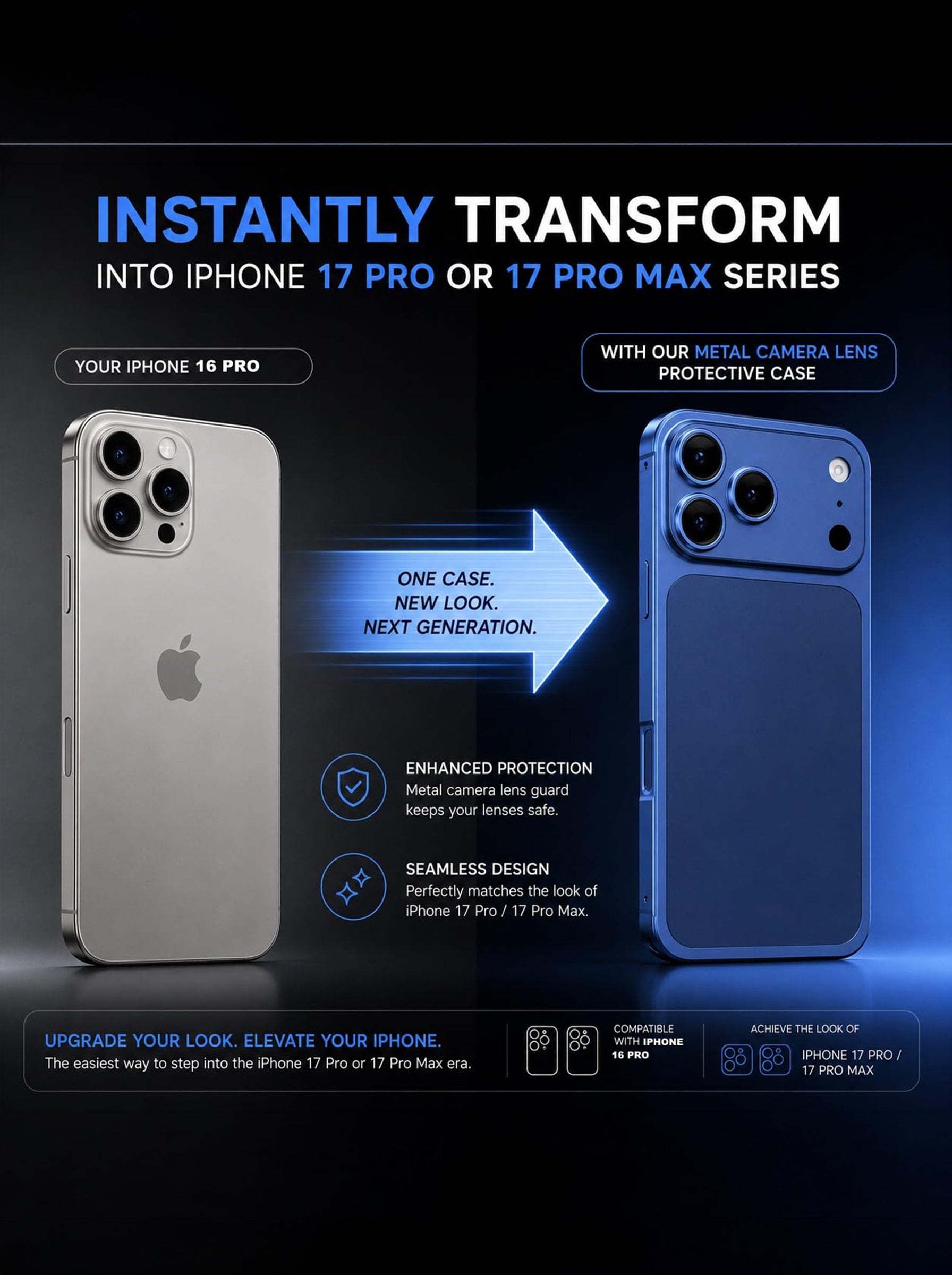 iPhone 16 Pro to iPhone 17 Pro | Converter Kit | Premium Aluminum Back Plate & Metal Side Frame | Peel & Stick Installation | Blue Color