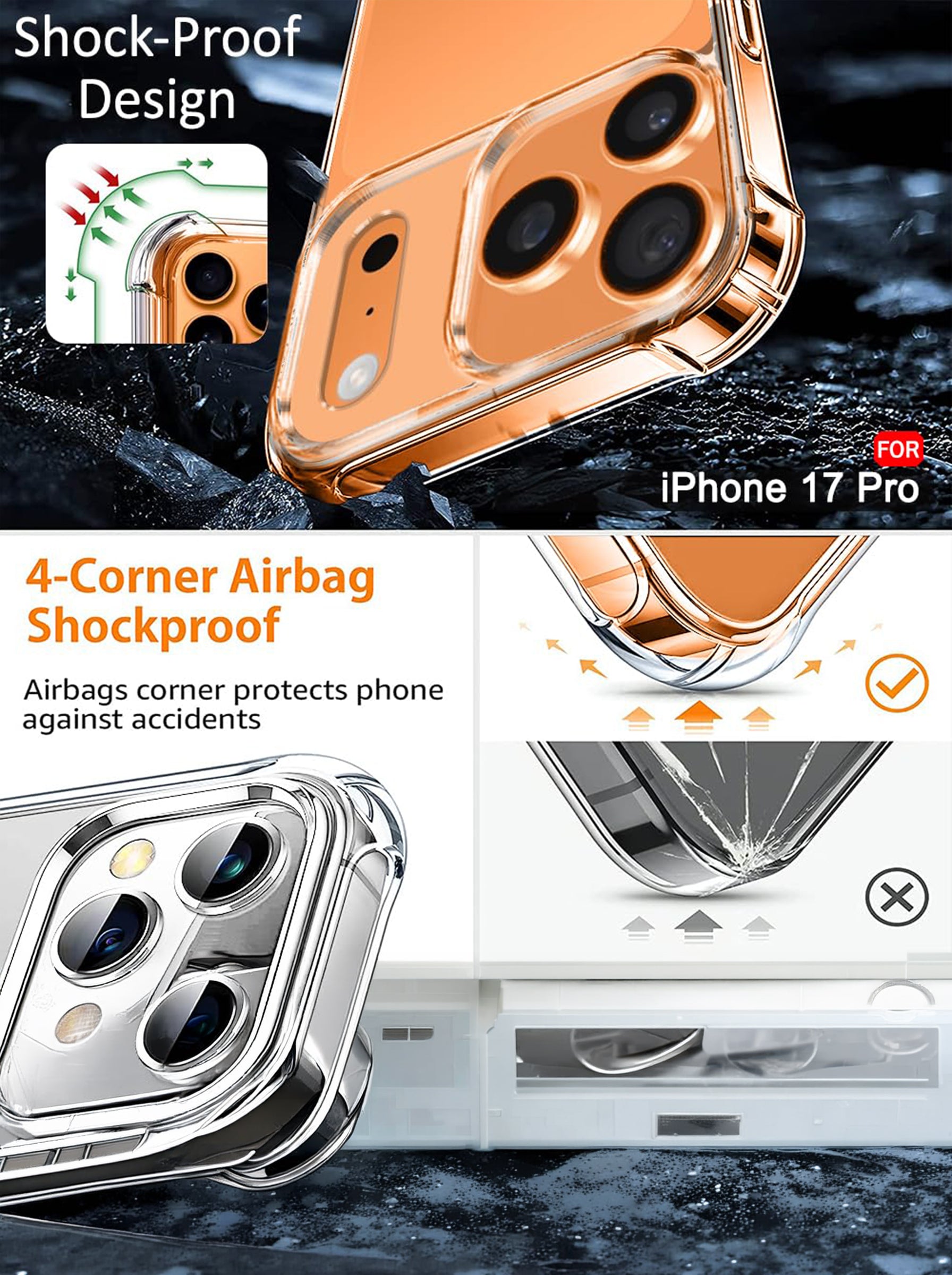 iPhone 17 Pro | PC + TPU | Clear Transparent | 360 Edges Protection | Phone Bumper Case (Transparent)
