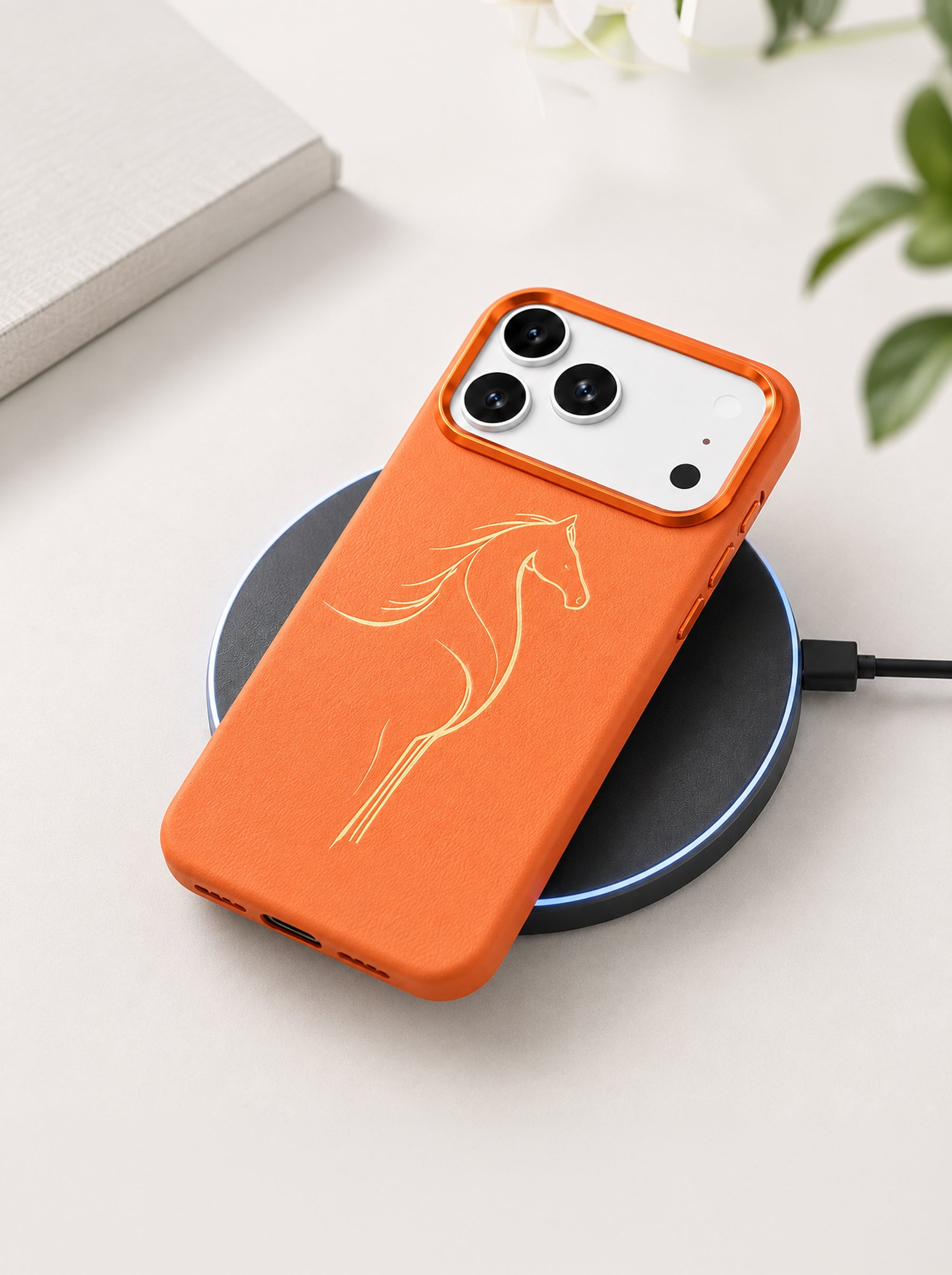 iPhone 17 Pro Max | Luxury Horse Premium Leather Case with Hidden MagSafe | Orange
