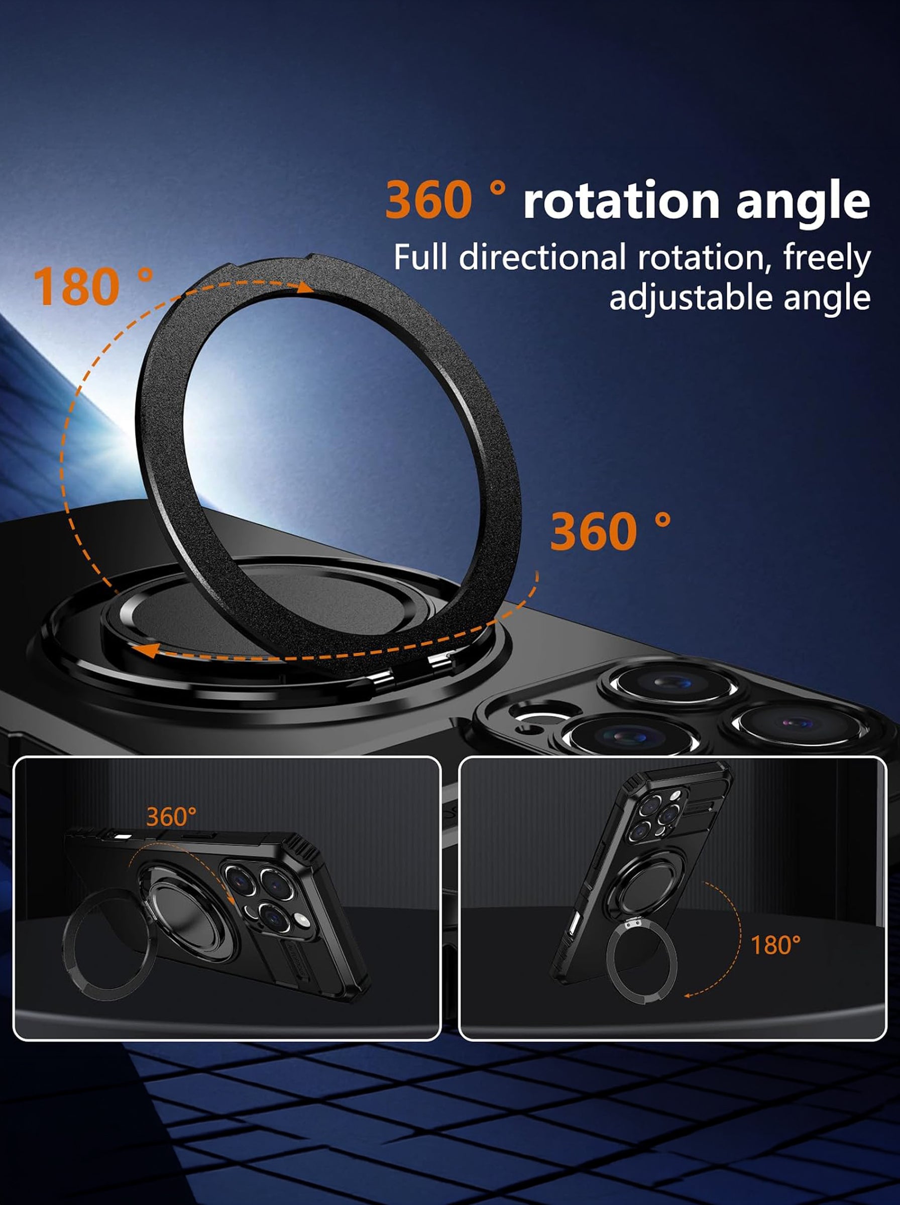 iPhone 16 Pro Max Case | MagSafe Compatible | Magnetic Ring Holder | Soft TPU + Hard PC | Black