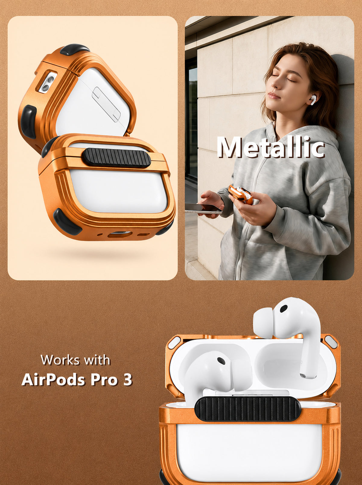 AirPods Pro 3 Case | Hollow Metal | MagSafe | Drop Protection | Secure Lock | Orange