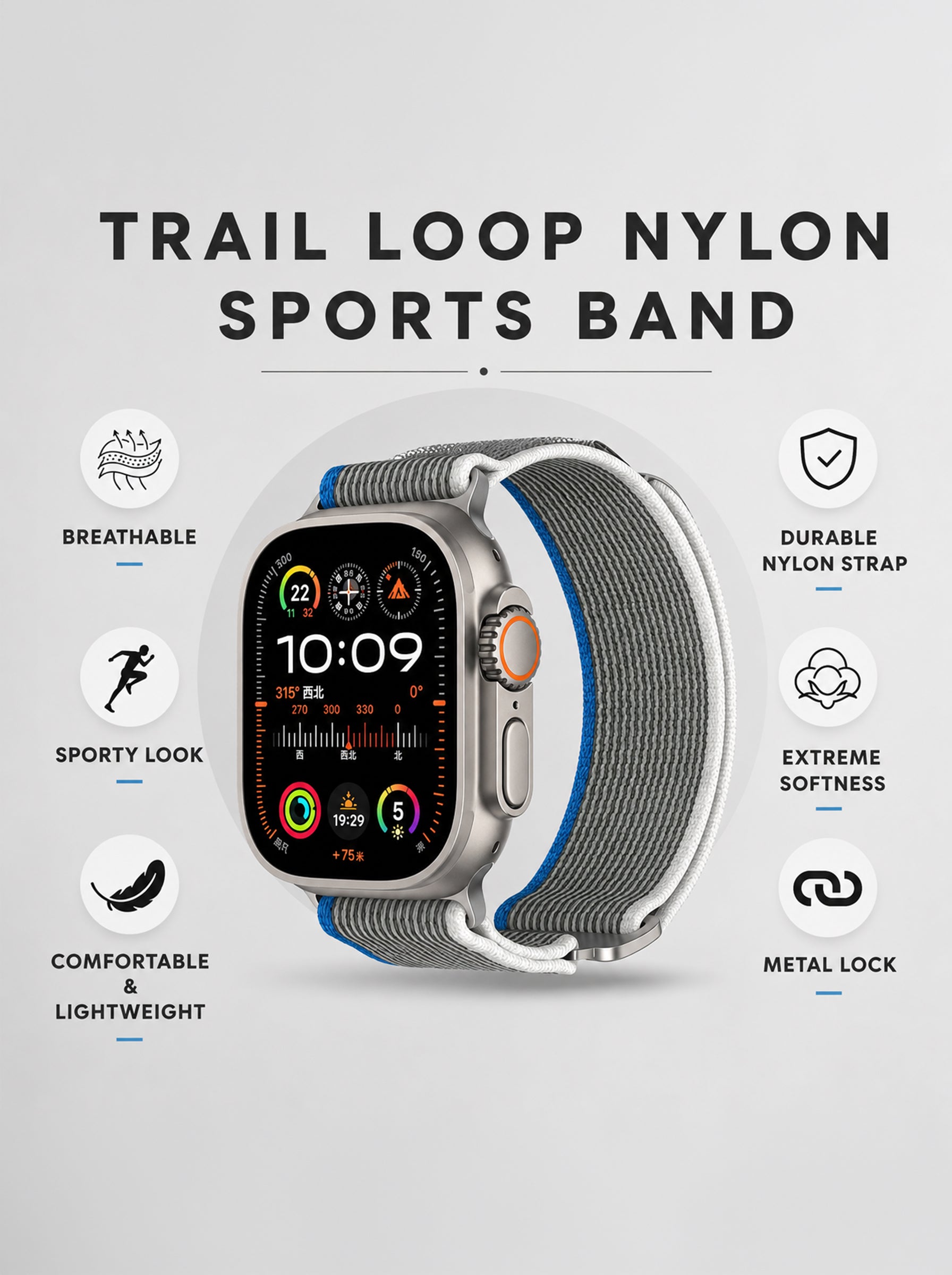 Nylon Braided Watch Band For Apple Watch | 49mm / 46mm / 45mm / 44mm / 42mm | Gray Blue