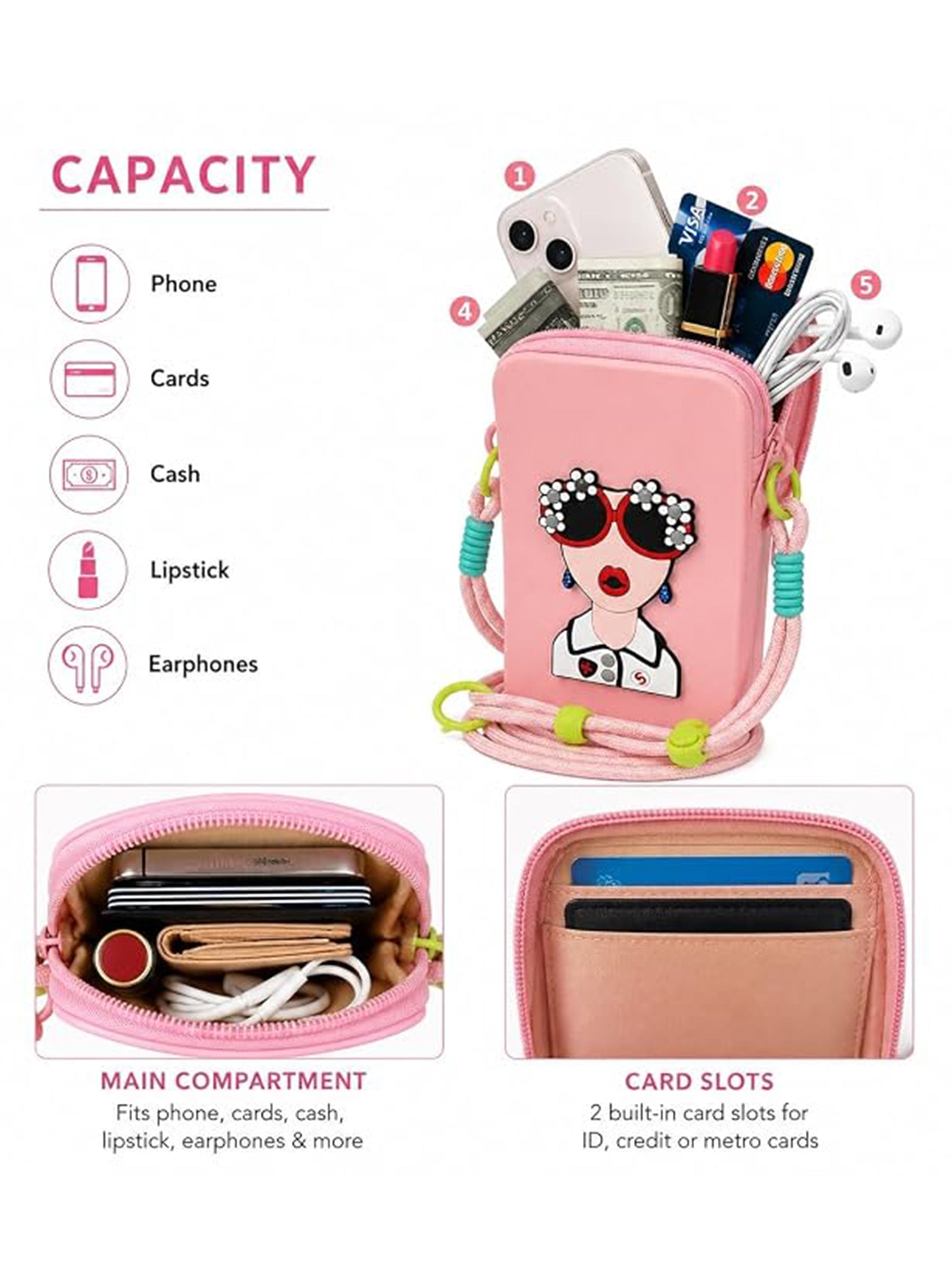 Silicone Mobile Phone Sling Bag for Women & Girls | Cute Cartoon Crossbody Pouch | Adjustable Strap | Mini Travel Bag | Dark Green