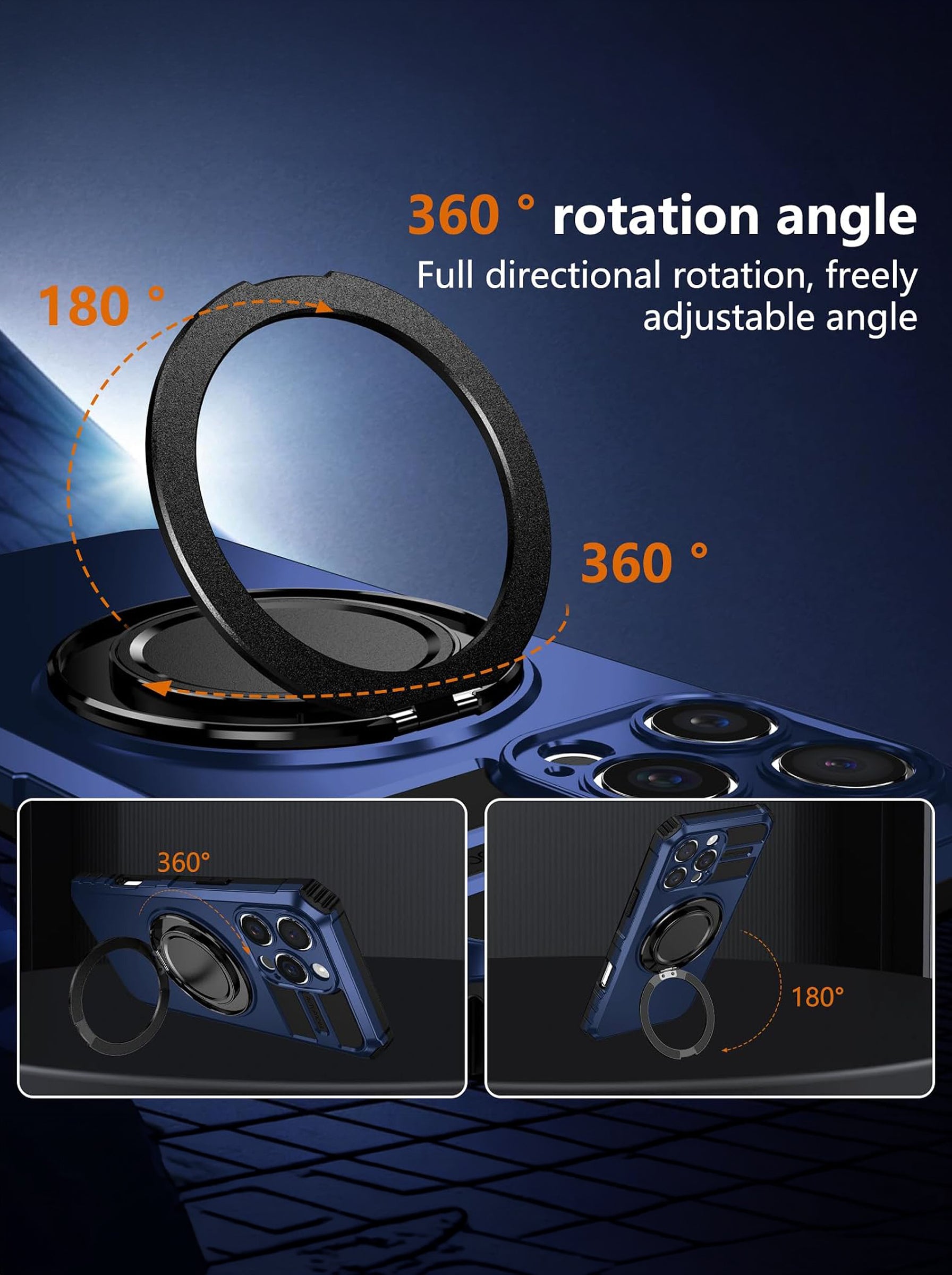 iPhone 16 Pro Max Case | MagSafe Compatible | Magnetic Ring Holder | Soft TPU + Hard PC | Blue
