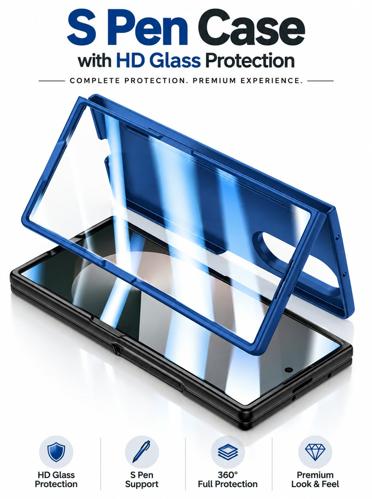 Samsung S Pen Case For Fold 5 | With Styles | Front Glass | Matt Finish | Navy Blue