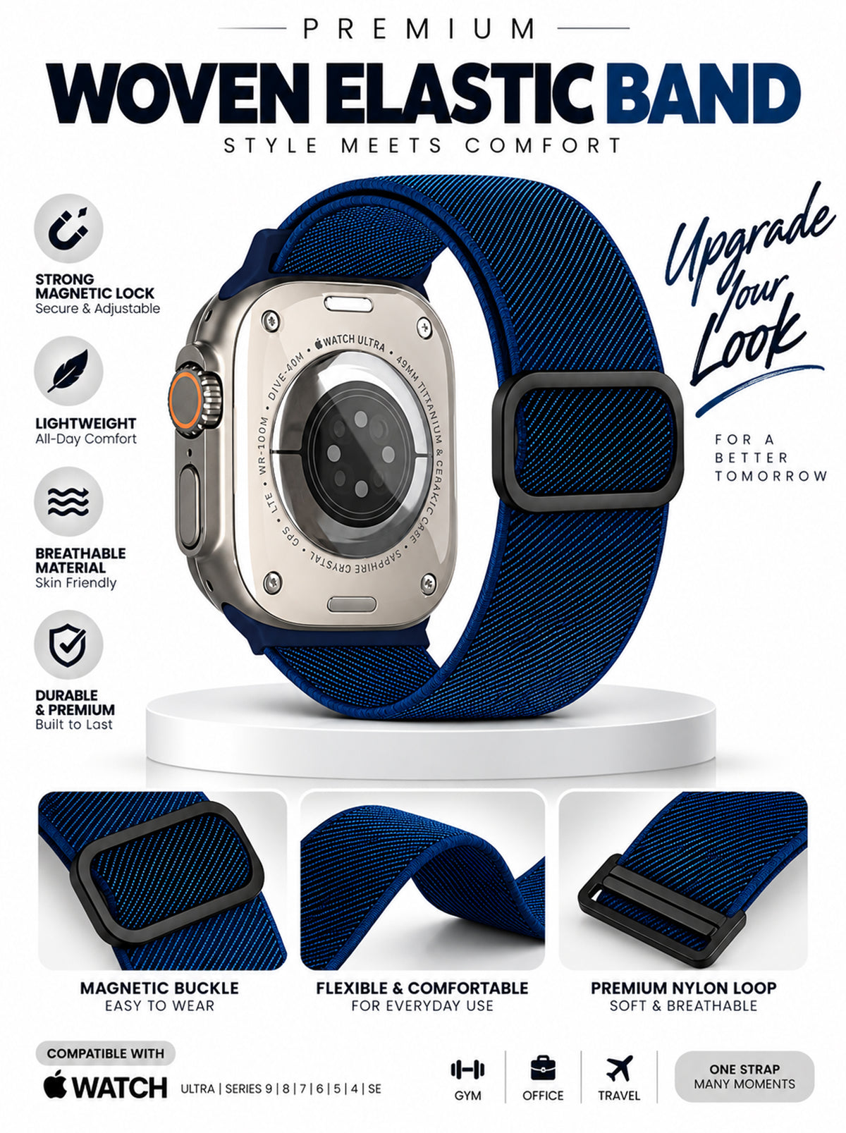 Woven Elastic Band for Apple Watch | 42mm/44mm/45mm/46mm/49mm | Navy Blue