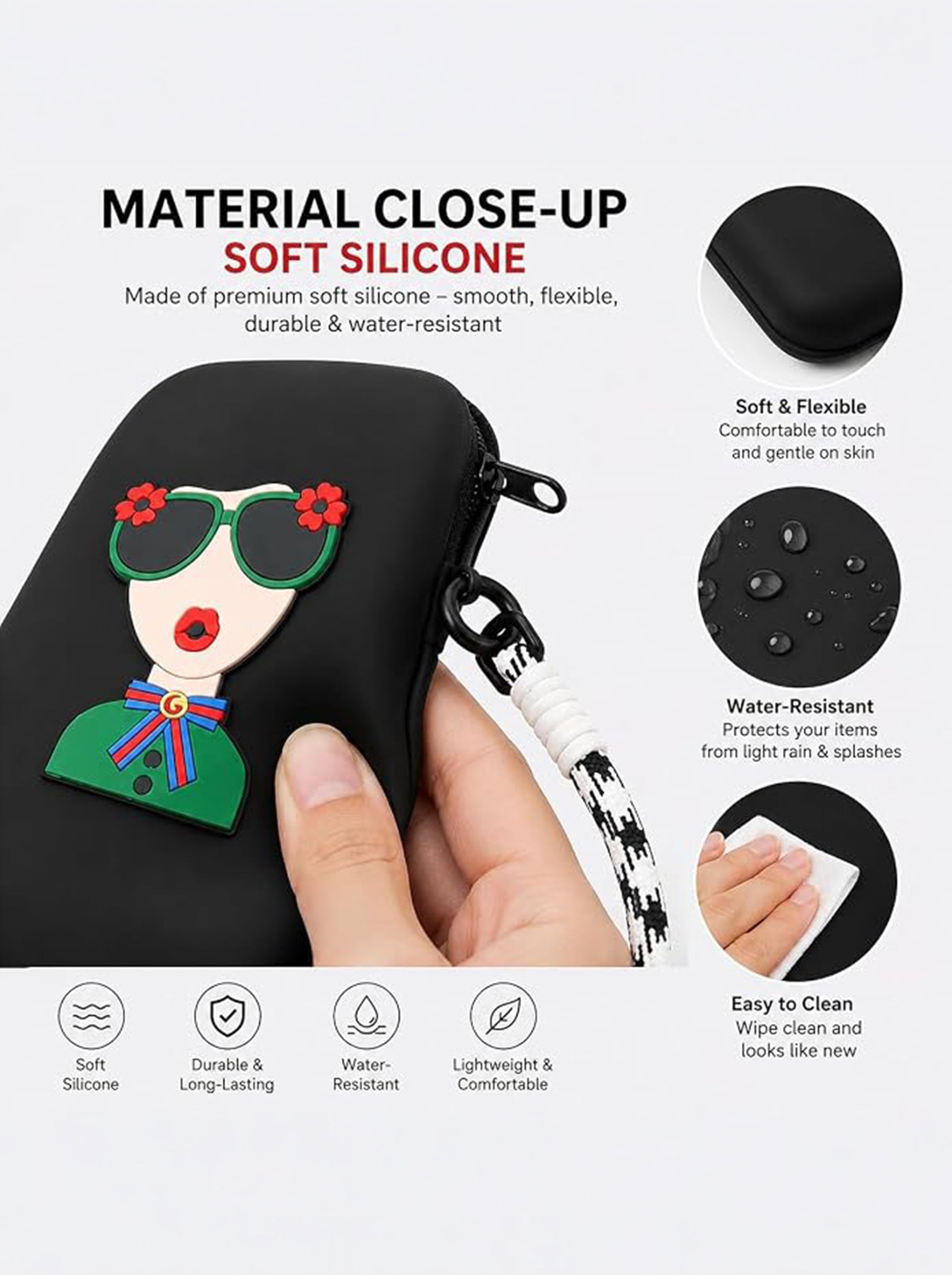 Silicone Mobile Phone Sling Bag for Women & Girls | Cute Cartoon Crossbody Pouch | Adjustable Strap | Mini Travel Bag | Black