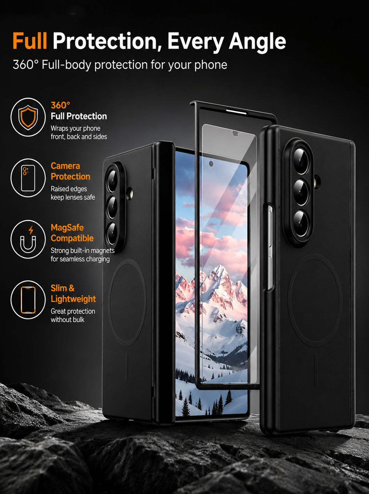 Samsung Z Fold 7 Case with Tempered Glass | Hinge | Magnetic Support | Slim Back | Black