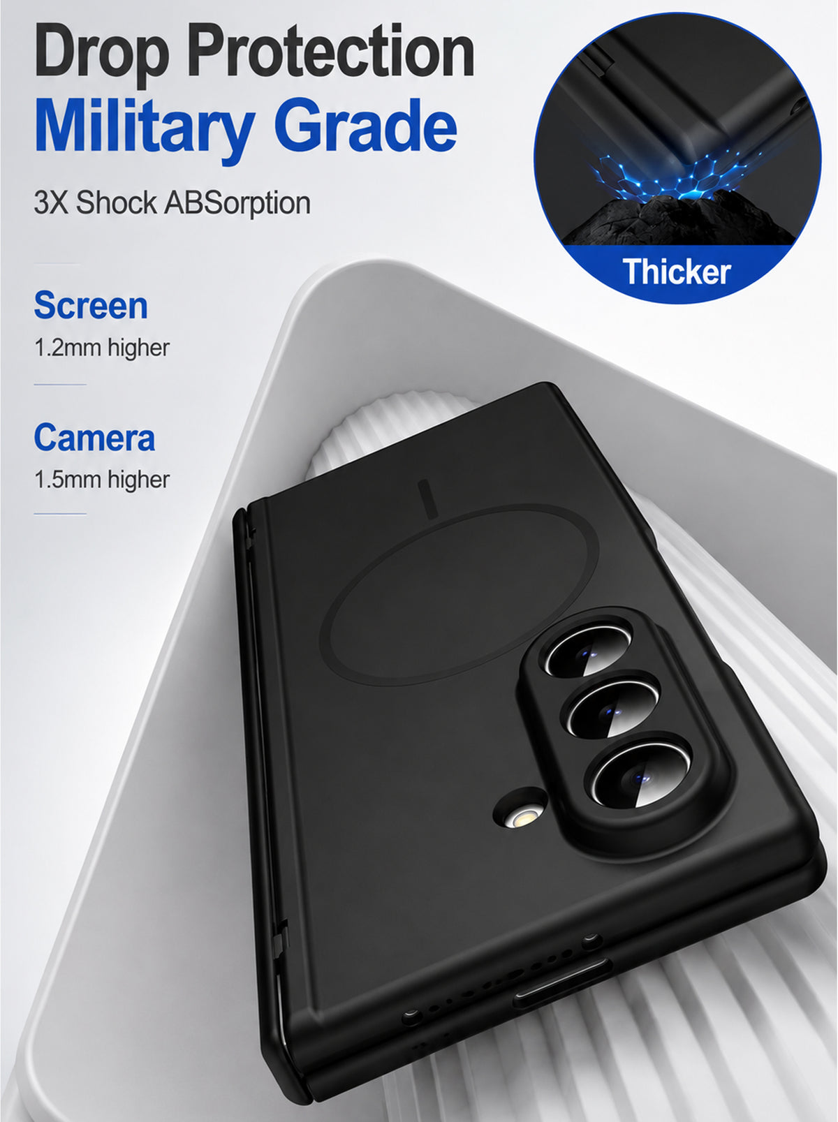 Samsung Z Fold 7 Case with Tempered Glass | Hinge | Magnetic Support | Slim Back | Black