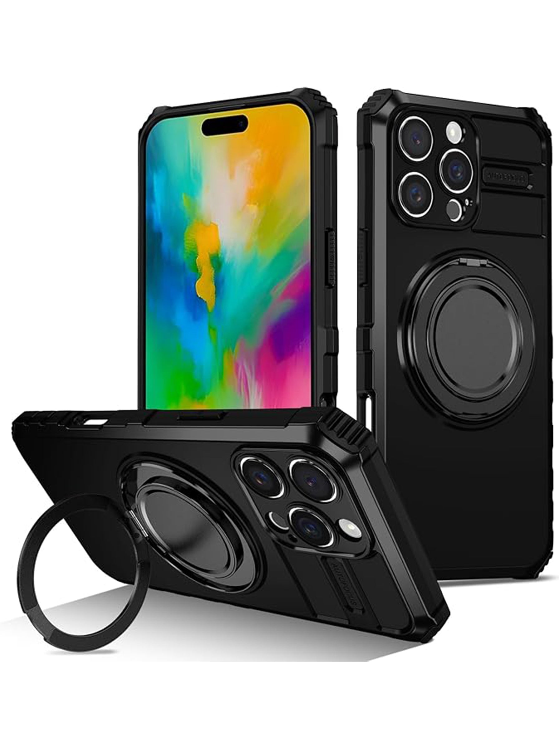 iPhone 16 Pro Max Case | MagSafe Compatible | Magnetic Ring Holder | Soft TPU + Hard PC | Black