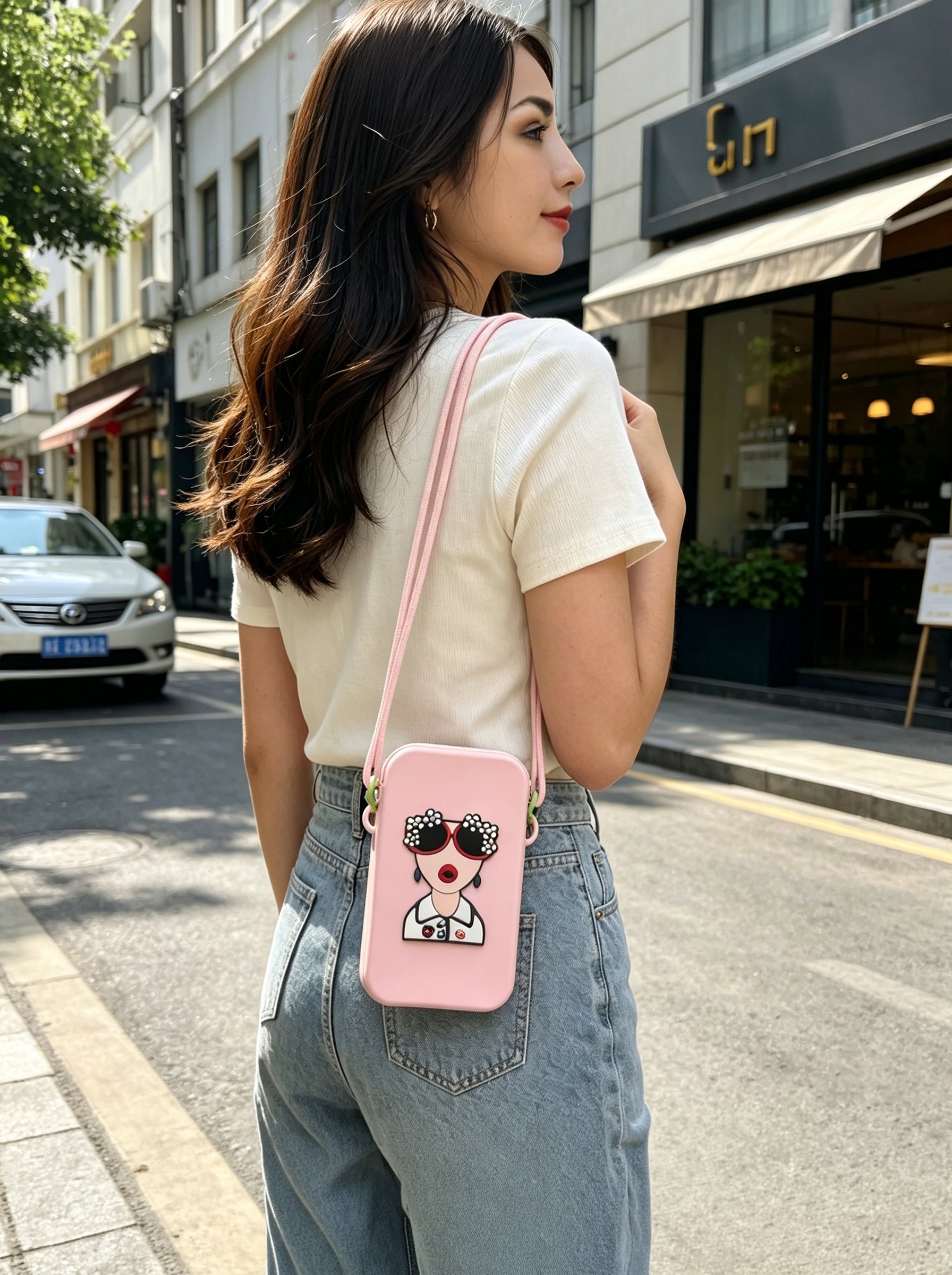 Silicone Mobile Phone Sling Bag for Women & Girls | Cute Cartoon Crossbody Pouch | Adjustable Strap | Mini Travel Bag | Pink