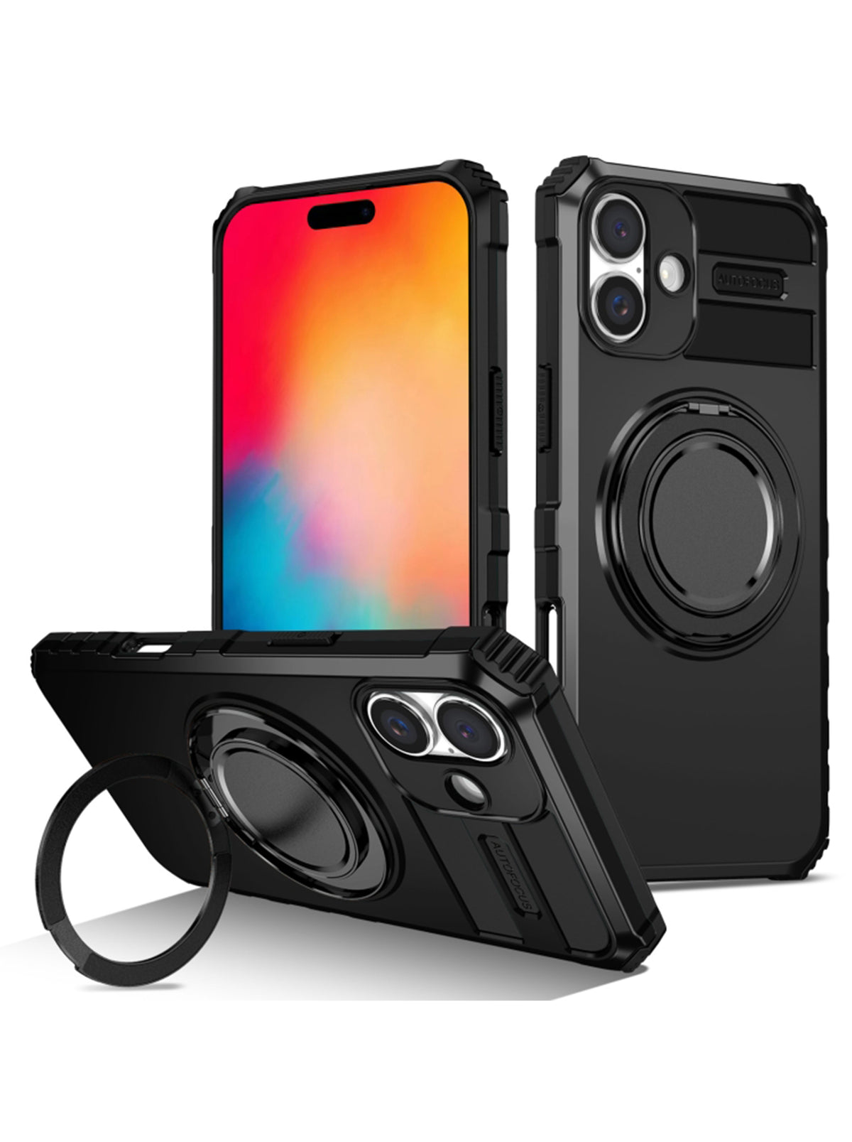 iPhone 16 Case | MagSafe Compatible | Magnetic Ring Holder | Soft TPU + Hard PC | Black