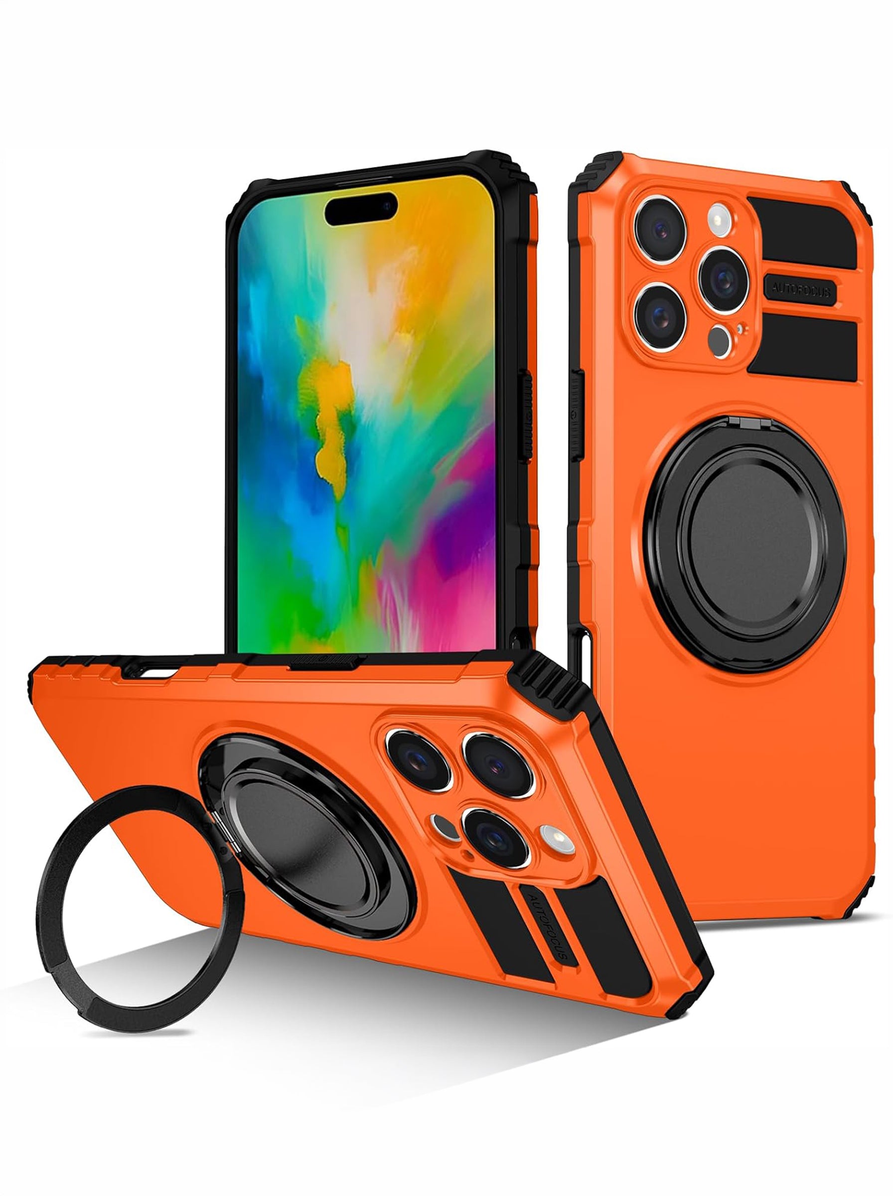 iPhone 16 Pro Max Case | MagSafe Compatible | Magnetic Ring Holder | Soft TPU + Hard PC | Orange