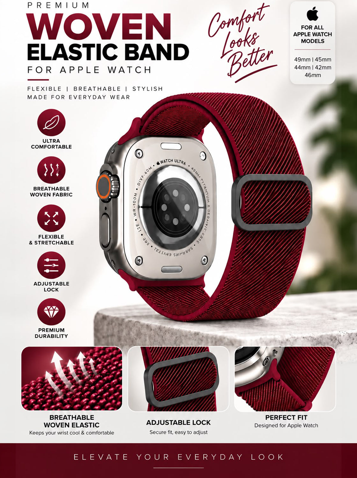 Woven Elastic Band for Apple Watch | 42mm/44mm/45mm/46mm/49mm | Cherries