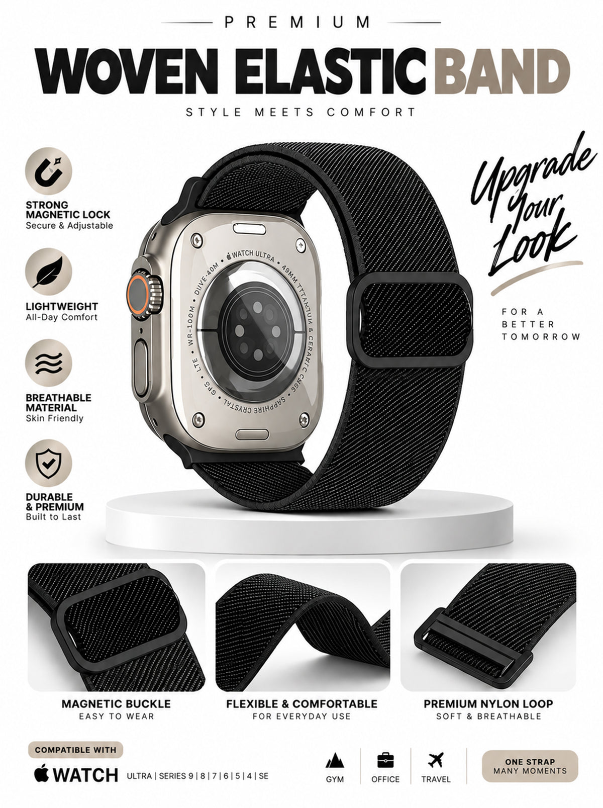 Woven Elastic Band for Apple Watch | 42mm/44mm/45mm/46mm/49mm | Black