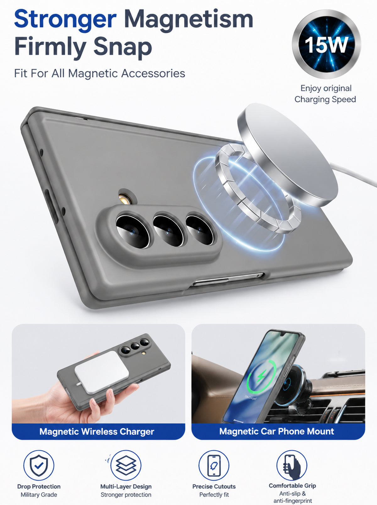 Samsung Z Fold 7 Case with Tempered Glass | Hinge | Magnetic Support | Slim Back | Gray