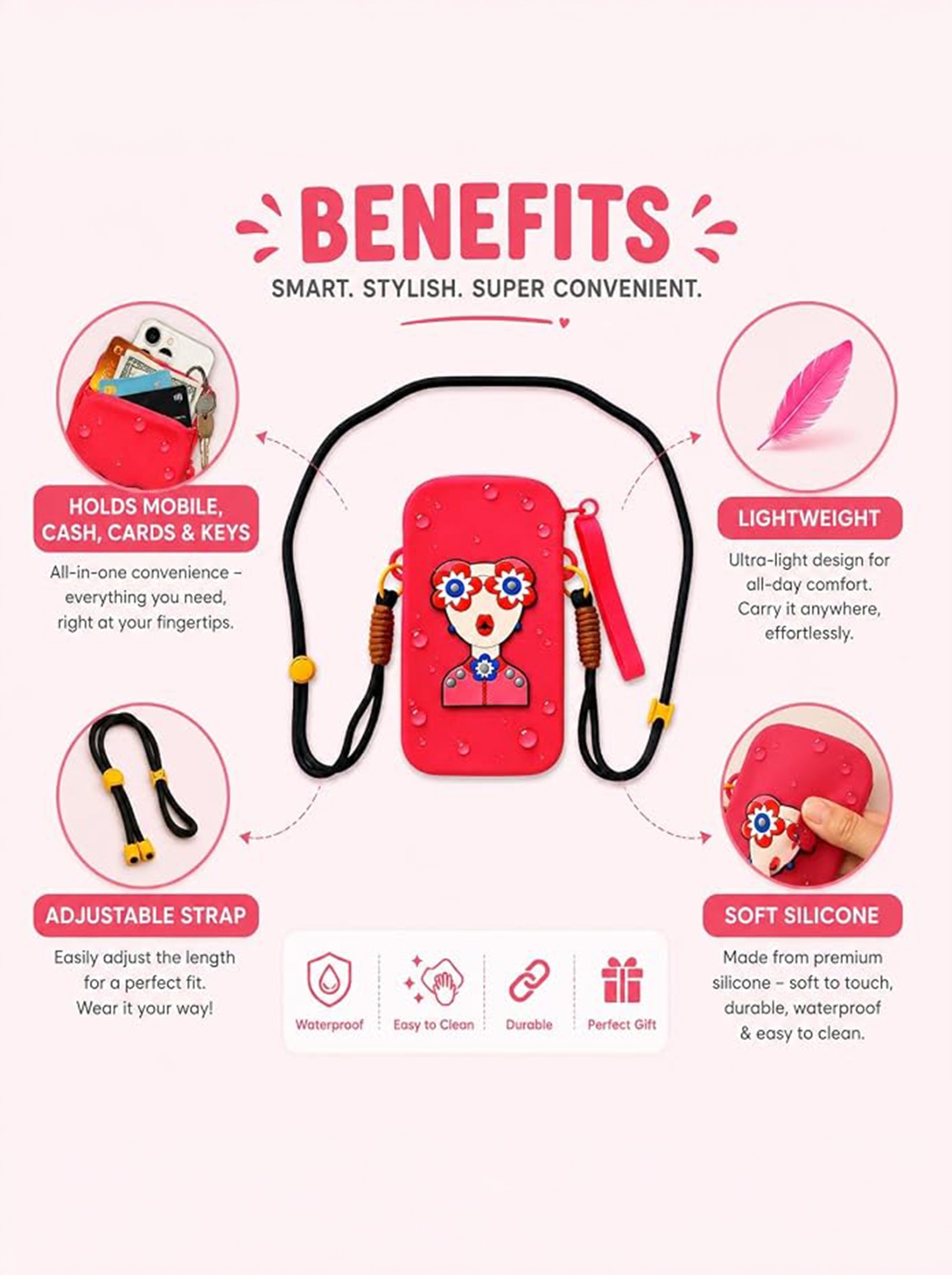 Silicone Mobile Phone Sling Bag for Women & Girls | Cute Cartoon Crossbody Pouch | Adjustable Strap | Mini Travel Bag | Dark Pink