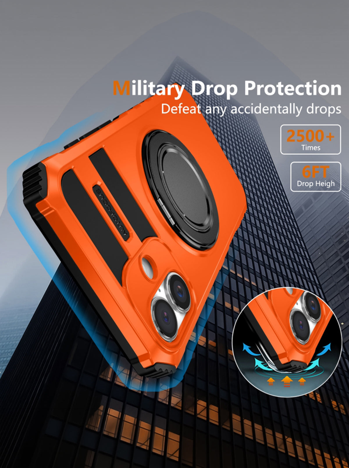 iPhone 16 Plus Case | MagSafe Compatible | Magnetic Ring Holder | Soft TPU + Hard PC | Orange
