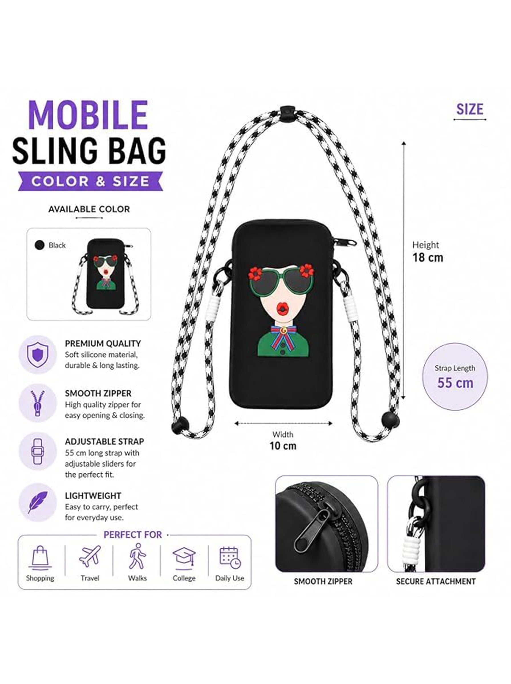 Silicone Mobile Phone Sling Bag for Women & Girls | Cute Cartoon Crossbody Pouch | Adjustable Strap | Mini Travel Bag | Black